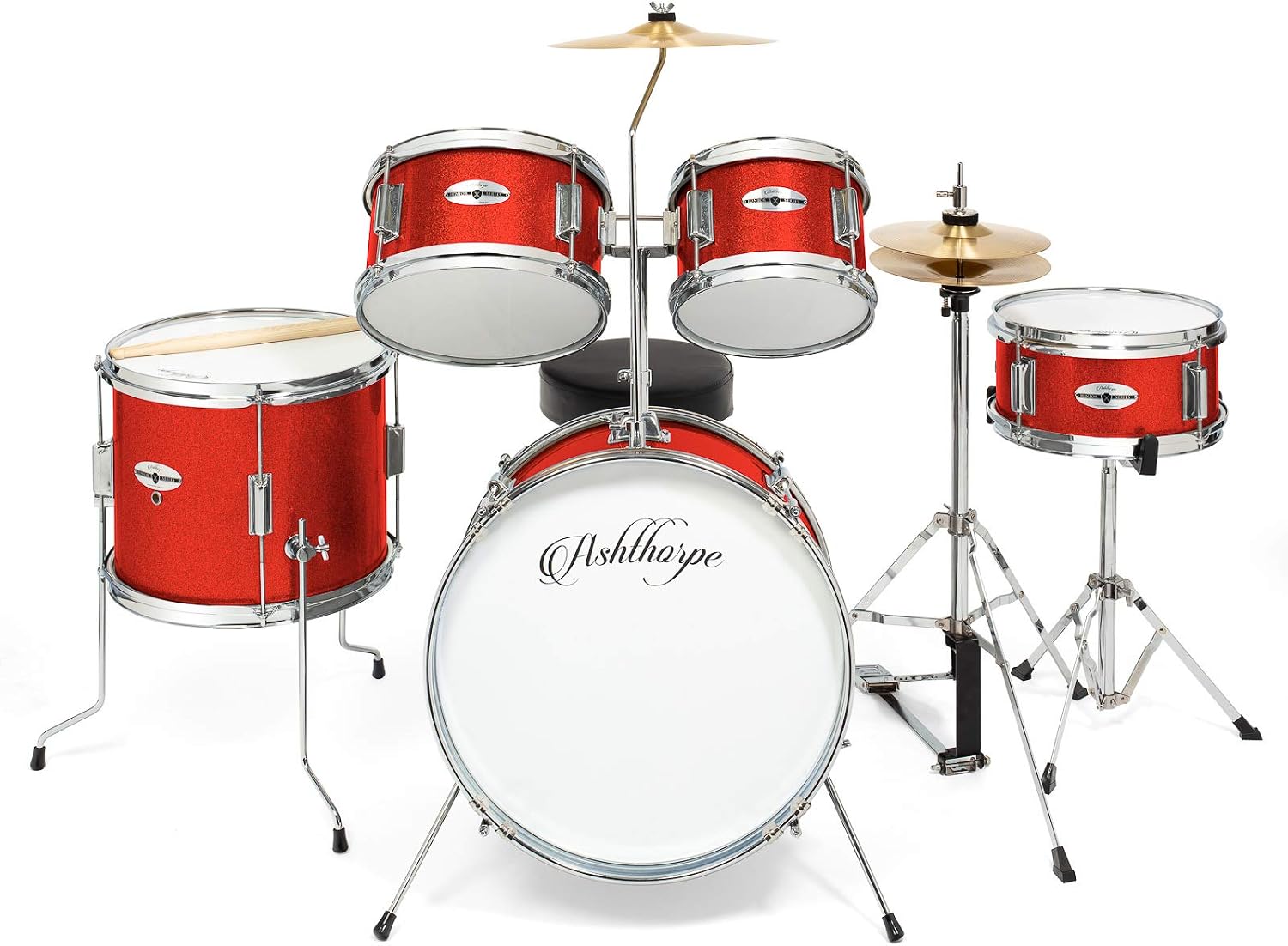 Ashthorpe 5-Piece Complete Junior Drum Set with Genuine Brass Cymbals - Advanced Beginner Kit with 16' Bass, Adjustable Throne, Cymbals, Hi-Hats, Pedals & Drumsticks - Red