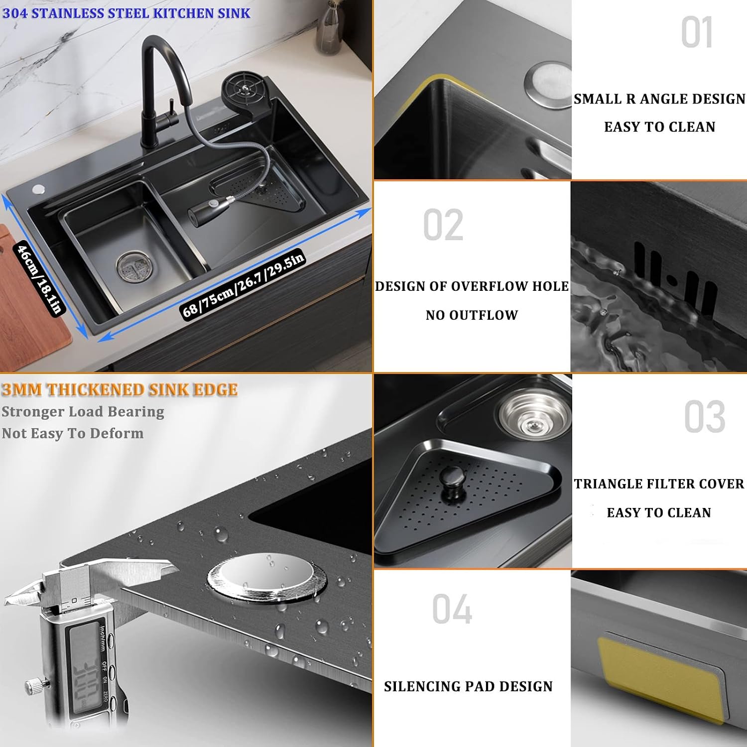 Generic Black Single-Bowl Kitchen Sink 304 Stainless Steel Bar Sink Multi-Function Household Sink Rv Sink with Faucet, Chopping Board and Drain Basket Top Mount Or Under Mount (Color : Black, S