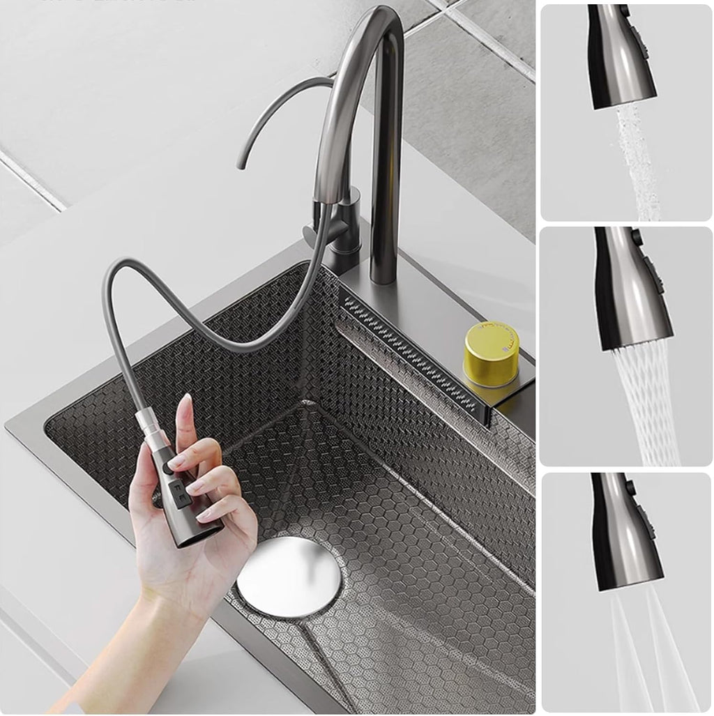 Single Bowl Kitchen Sink with Stainless Steel Sink with Waterfall Waterfall Water Left with Knife Box with Pull-Out Tap (A-68x45CM