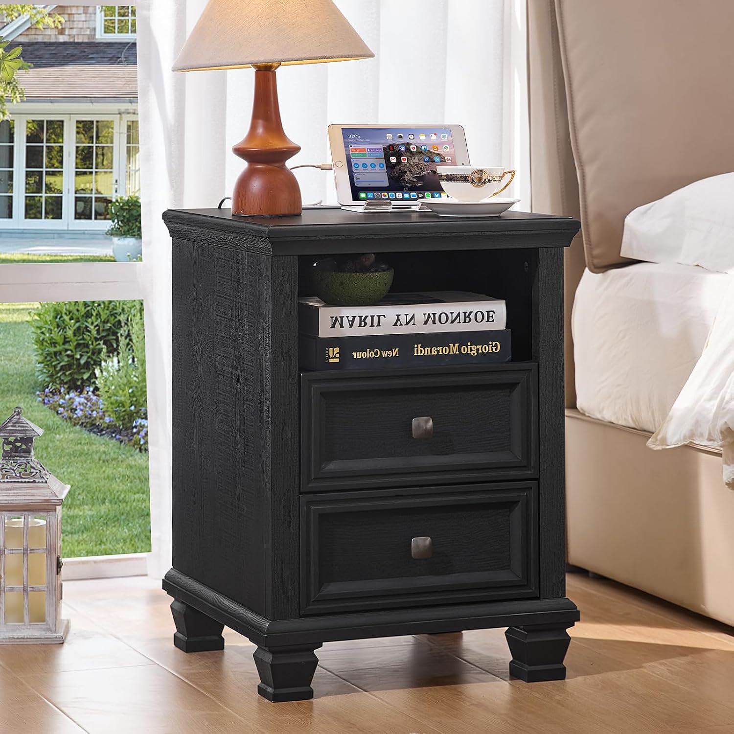 SAVOR LIFE Farmhouse Side Table with Charging Station, Rustic Black Nightstand with Drawers, Bedside Table with Open Shelf for Bedroom, Black