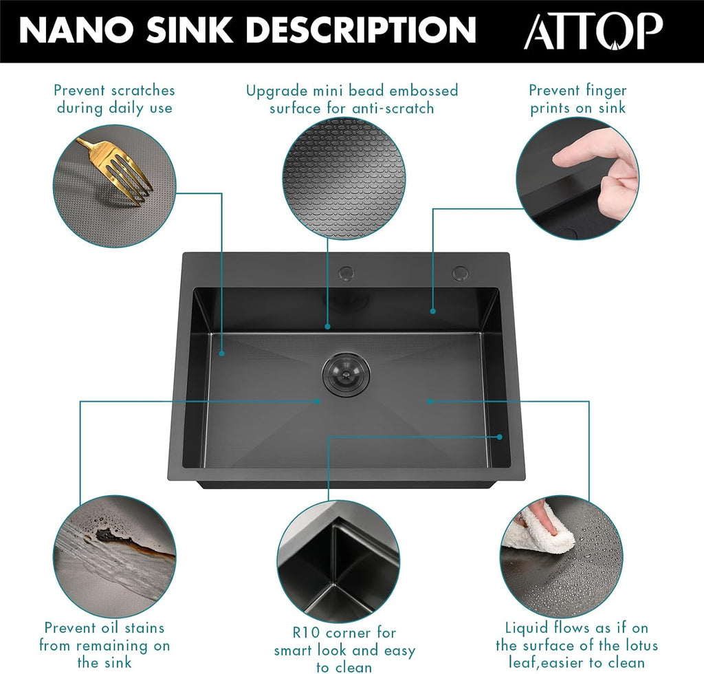 ATTOP 30 Inch Black Drop in Stainless Steel Kitchen Sink Large Single Bowl,30x22 Nano Black Handmade Single Bowl Drop in Kitchen Sink