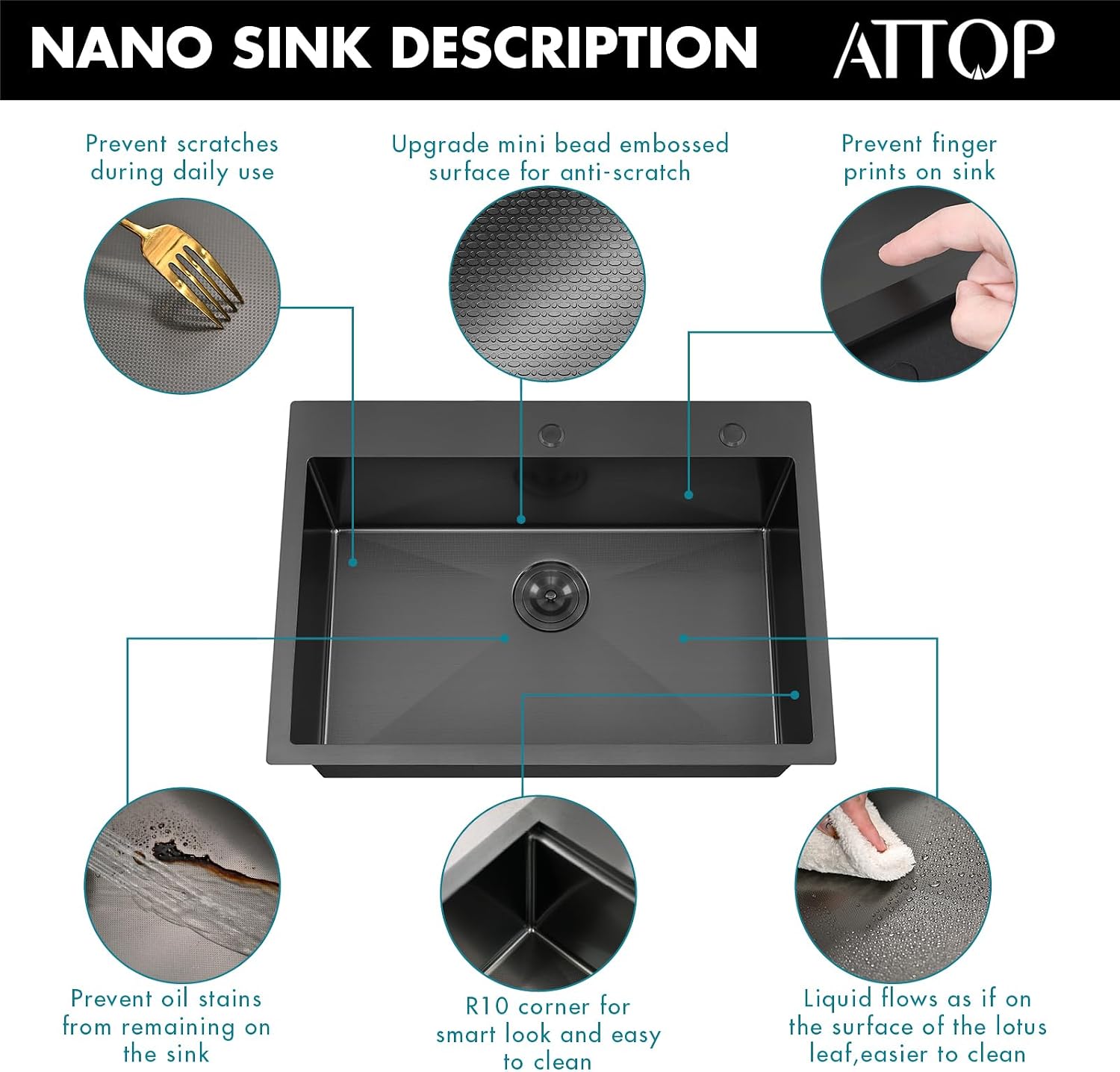 ATTOP 30 Inch Black Drop in Stainless Steel Kitchen Sink Large Single Bowl,30x22 Nano Black Handmade Single Bowl Drop in Kitchen Sink