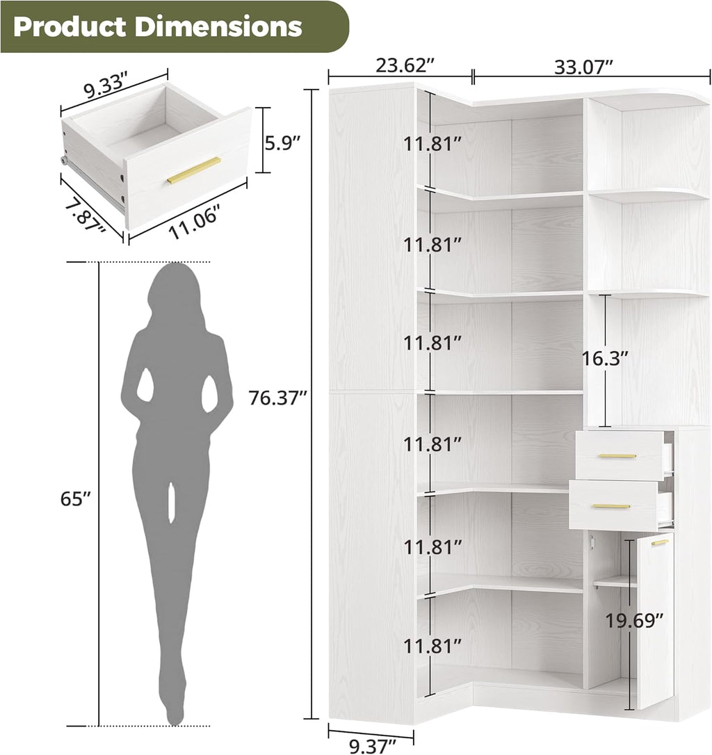IRONCK Corner Bookshelf, 76' Tall Corner Bookshelves, 6 Tiers L-Shaped Bookcase with 10 Open Shelves and 2 Storage Drawers for Living Room or Home Office
