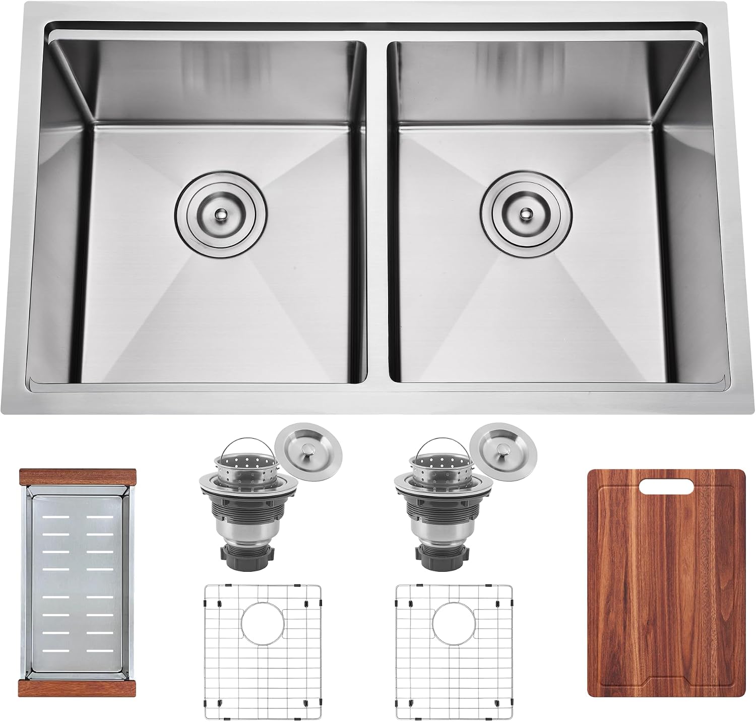 32 Inch Workstation Undermount Double Bowl Kitchen Sink, 16 Gauge 304 Stainless Steel Handmade Spacious Deep Kitchen Sinks, Accessories and Ledge Included, 32' x 18' x 10'