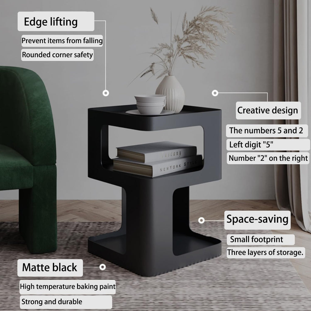 Modern Metal Side Table with Storage,Small End Table for Sofa & Couch,3-Tier Compact Nightstand for Small Spaces,Black Bedside Tables for Living Room & Bedroom,No Assembly Required