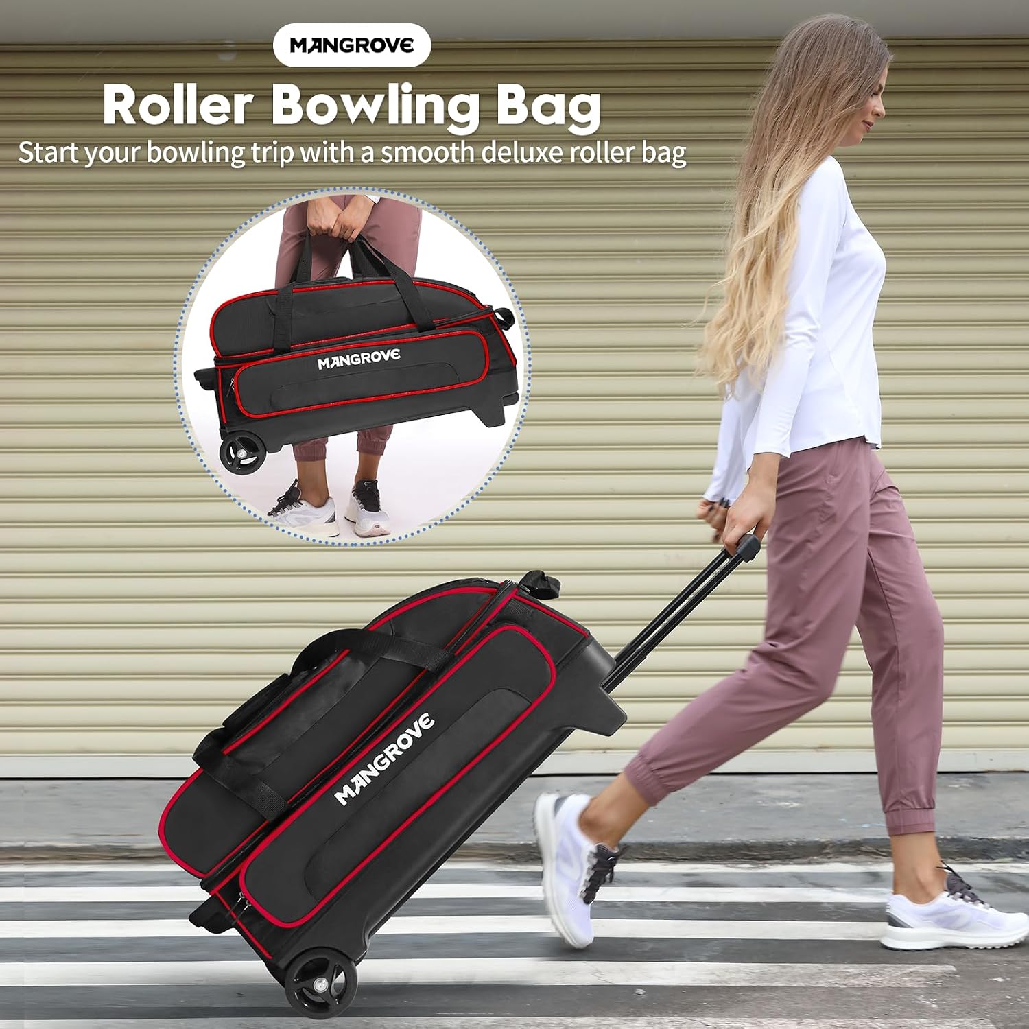 Mangrove 3 Ball Bowling Bag with Wheels & Shoe Compartment, Deluxe Bowling Ball Bag 3 Ball Roller, Rolling Triple-Ball Bag w/Accessory Pocket & Retractable Handle Extends to 40''