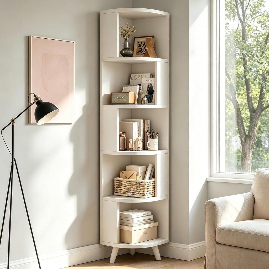 5-Tier Corner Shelf, Tall Modern Corner Bookshelf, 5 Shelf Corner Bookcase with Baffle, Freestanding Wood Corner Display Storage Shelf Organizer for Living Room, Office (White)