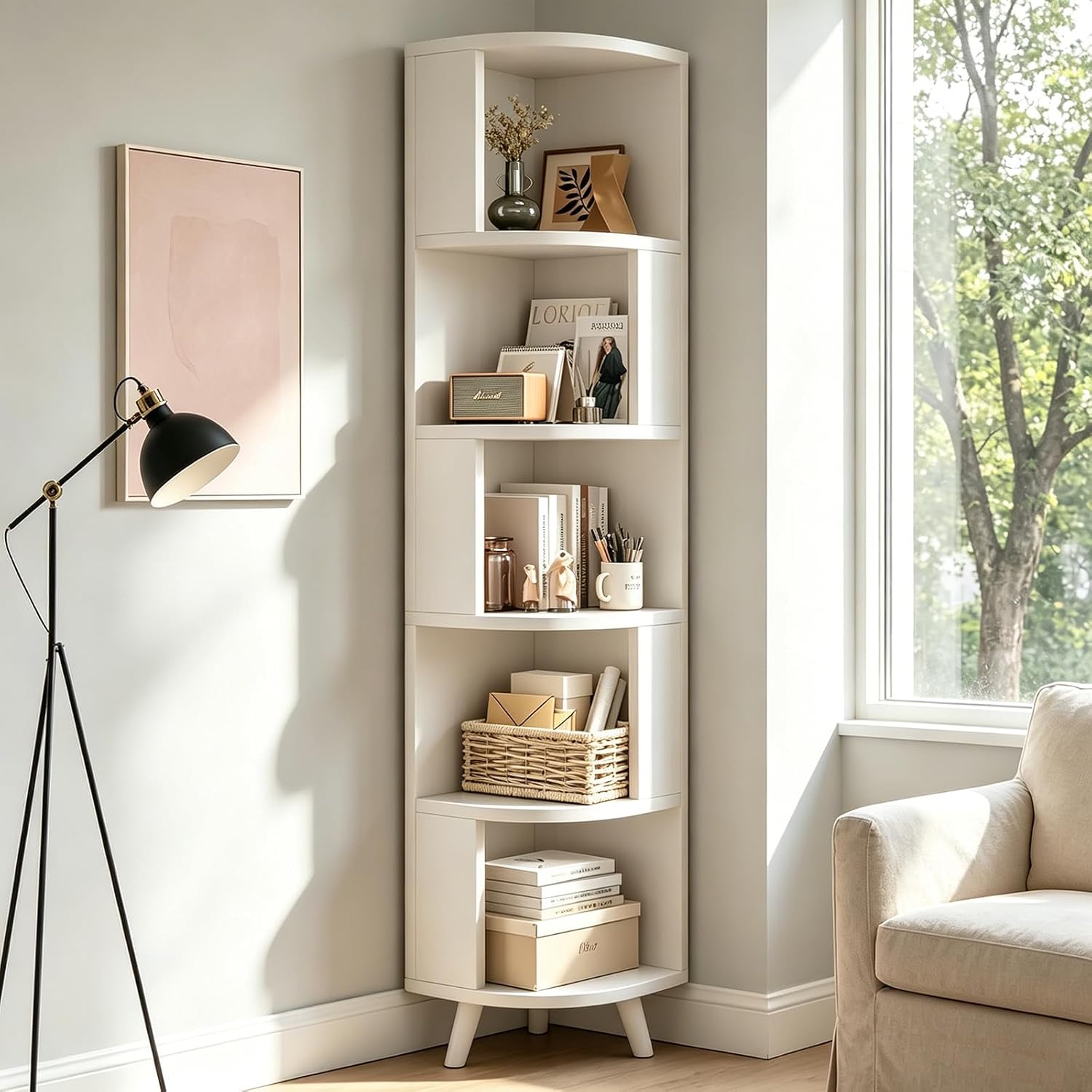 5-Tier Corner Shelf, Tall Modern Corner Bookshelf, 5 Shelf Corner Bookcase with Baffle, Freestanding Wood Corner Display Storage Shelf Organizer for Living Room, Office (White)