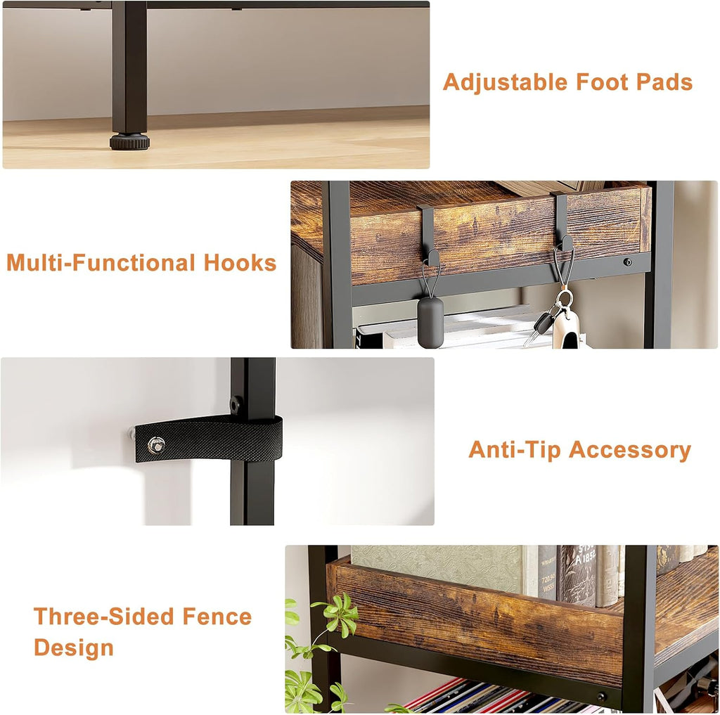 KOUSEI 6-Tier L-Shaped Reversible Corner Bookshelf, 69' Rustic Brown Industrial Wood & Metal Bookcase, Wide Open Shelves + 4 Hooks for Living Room/Bedroom/Home Office