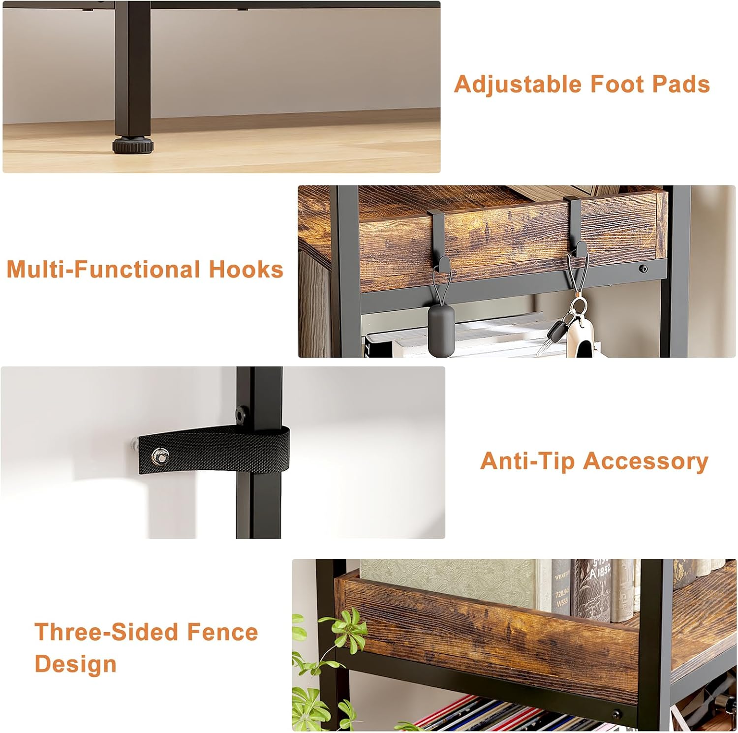 KOUSEI 6-Tier L-Shaped Reversible Corner Bookshelf, 69' Rustic Brown Industrial Wood & Metal Bookcase, Wide Open Shelves + 4 Hooks for Living Room/Bedroom/Home Office