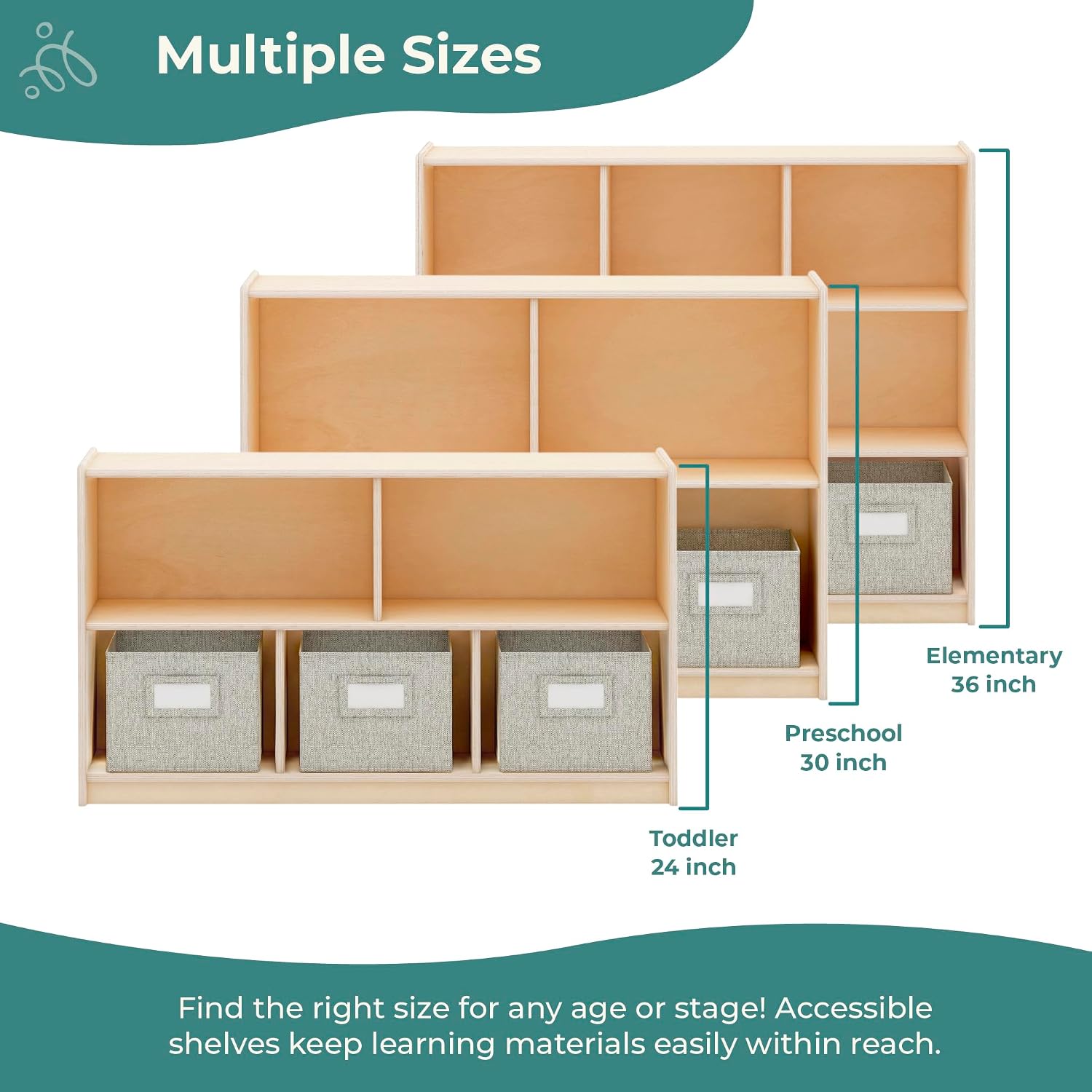 Guidecraft EdQ Three Shelf Compartment Storage Natural with 3 Fabric Bins: Wood Bookshelf and Toy Organizer for Kids, Storage Unit for Homeschool and Classroom