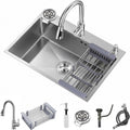 Stainless Steel Kitchen Sink with Faucet, Single Bowl Top Mount/Drop-In 3 Hole Single Bowl Workstation Sink with Cup Washer, Soap Dispenser, Drainage kit for Bar, Kitchen, Balcony (20 * 18in)