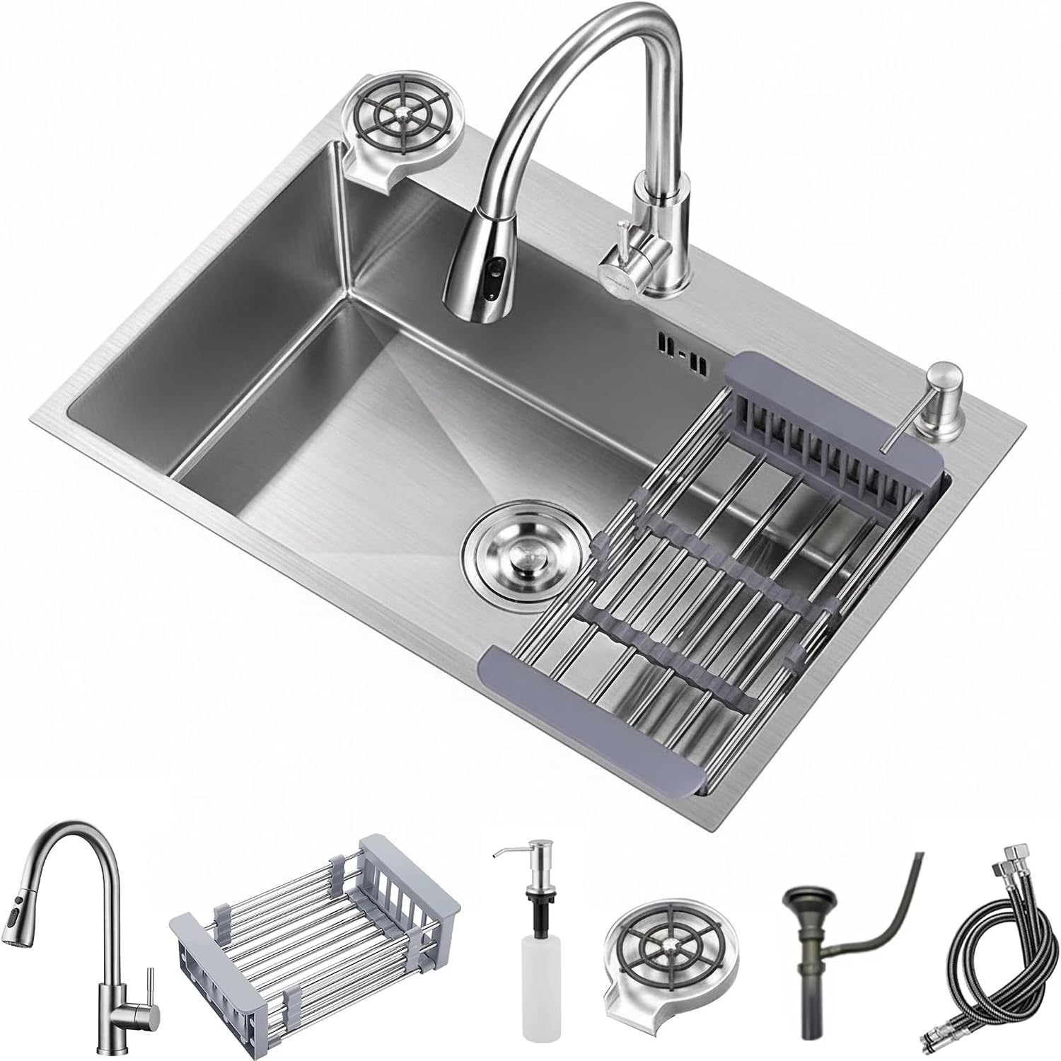 Stainless Steel Kitchen Sink with Faucet, Single Bowl Top Mount/Drop-In 3 Hole Single Bowl Workstation Sink with Cup Washer, Soap Dispenser, Drainage kit for Bar, Kitchen, Balcony (20 * 18in)