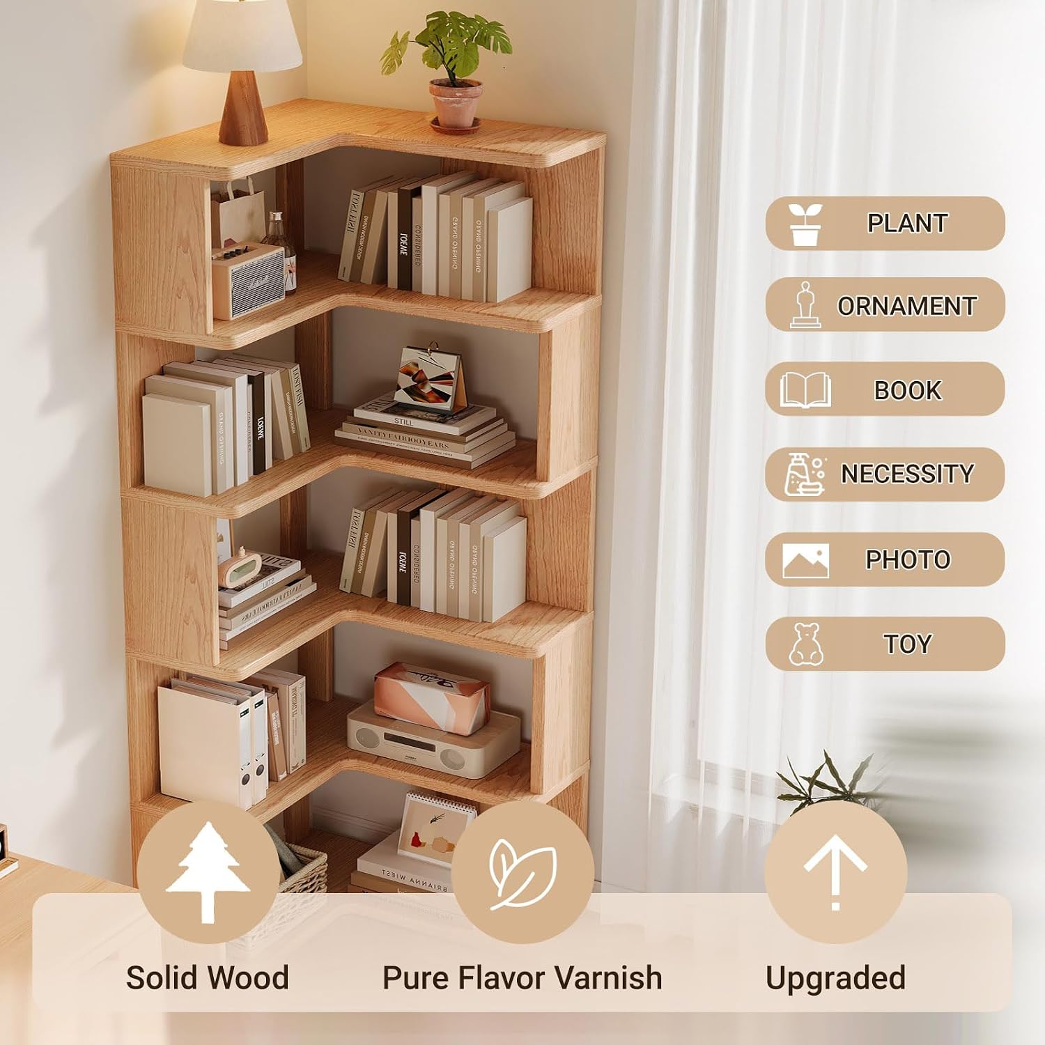 5-Tier L-Shaped Bookshelf, Wooden Tall Corner Shelf with Open Shelf Units, Decorative Display Storage Shelves for Living Room Bedroom Study Office, (Wood Grain)