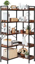 VEVOR 5 Tier Corner Bookshelf, Tall Corner Bookcase with 4 Hooks, L-Shaped Bookshelf Organizer with Metal Frame & Wooden Shelves, Reversible Display Book Shelf Rack for Bedroom, Living Room, Office