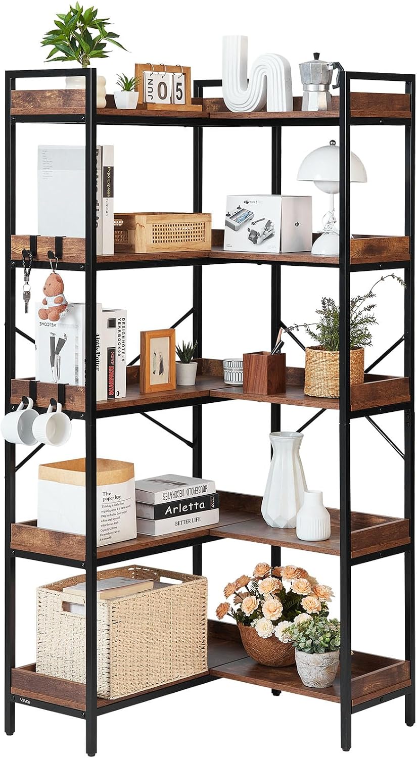 VEVOR 5 Tier Corner Bookshelf, Tall Corner Bookcase with 4 Hooks, L-Shaped Bookshelf Organizer with Metal Frame & Wooden Shelves, Reversible Display Book Shelf Rack for Bedroom, Living Room, Office