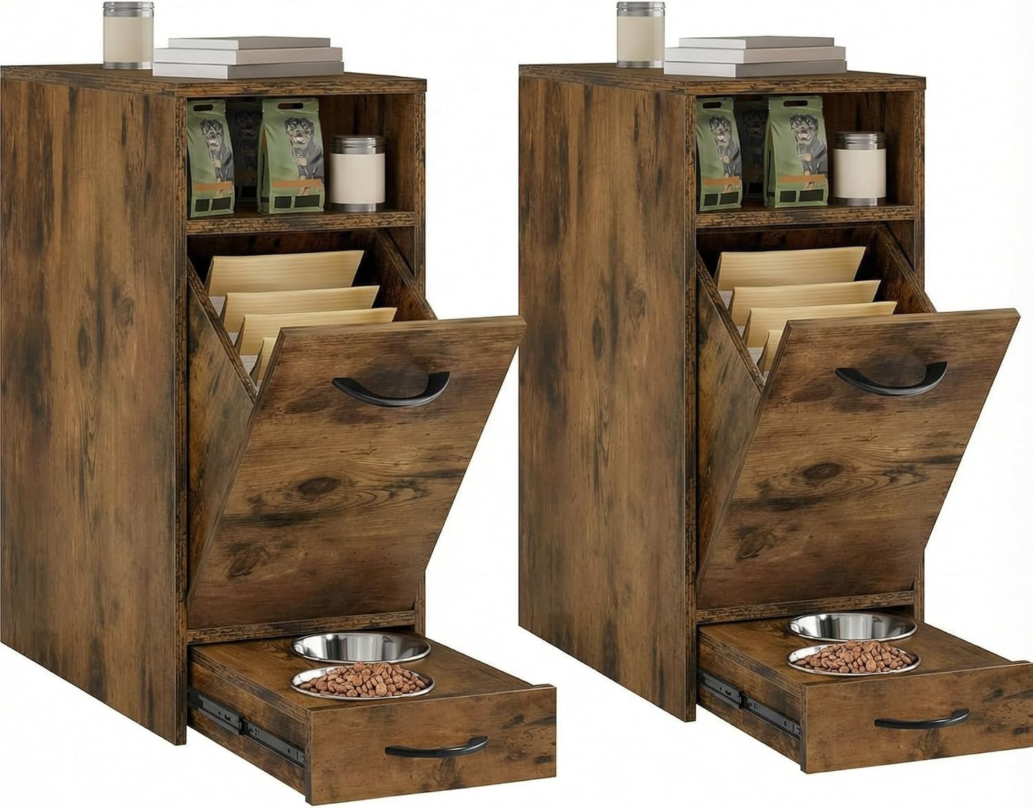 DWVO 30.6' Dog Feeding Station with Storage, Tilt-Out Dog Food Cabinet with 4 Feeder Bowls, Pull Out Elevated Dogs Bowl, Rustic Brown