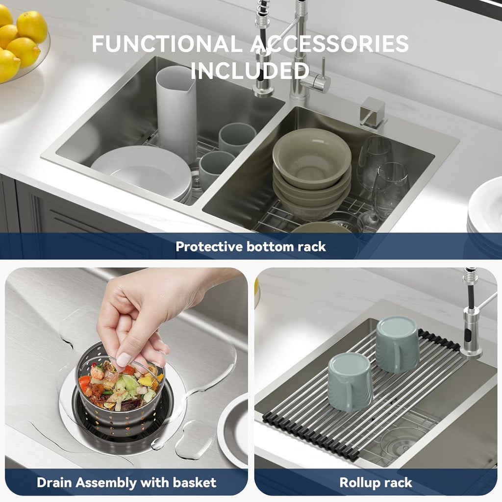 Lordear 33 Inch Drop in Kitchen Sink Double Bowl Kitchen Sinks 16 Gauge 304 Stainless Steel 50/50 Topmount Double Basin Sink
