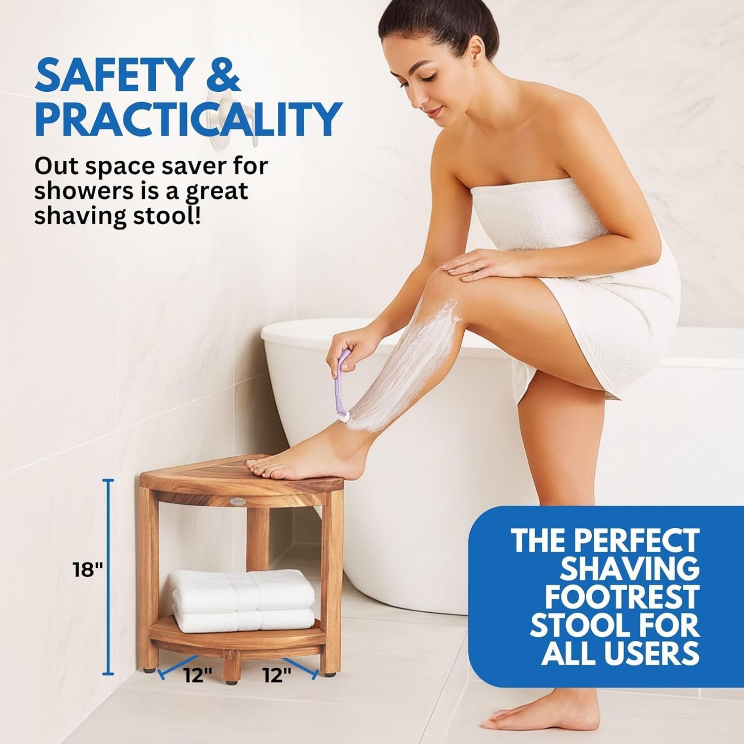 EcoDecors Fully Assembled SnazzyCorner® 18' Teak Shower Bench, Corner Shower Stool, w Shelf in Earthy Teak Finish, Compact Fit for Small Bathrooms & Walk-in Showers – Slip-Resistant Feet, Sauna Bench