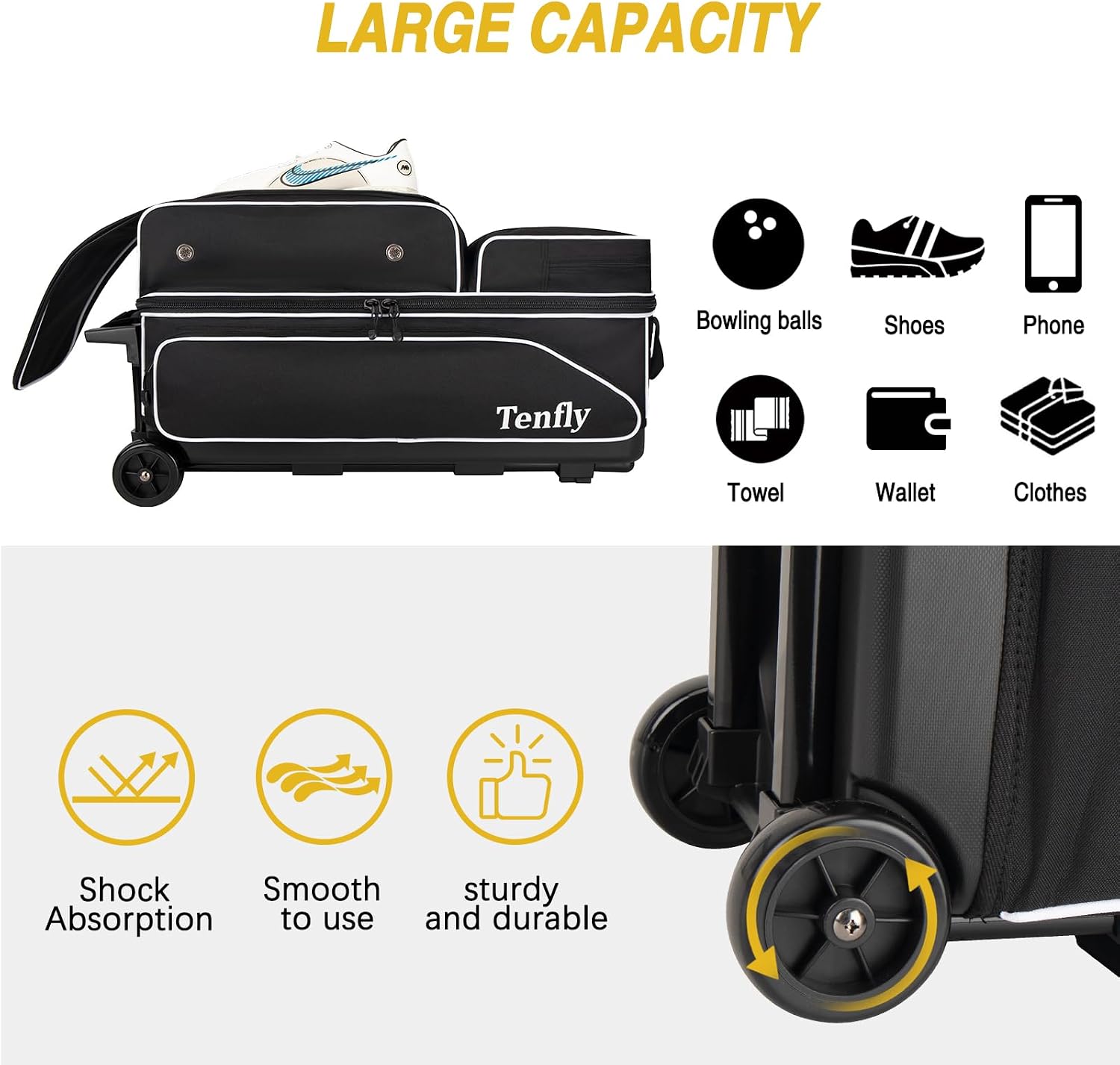 Triple Roller Bowling Bag with Wheels, Heavy Duty 3 Ball Bag for League & Recreational Bowlers