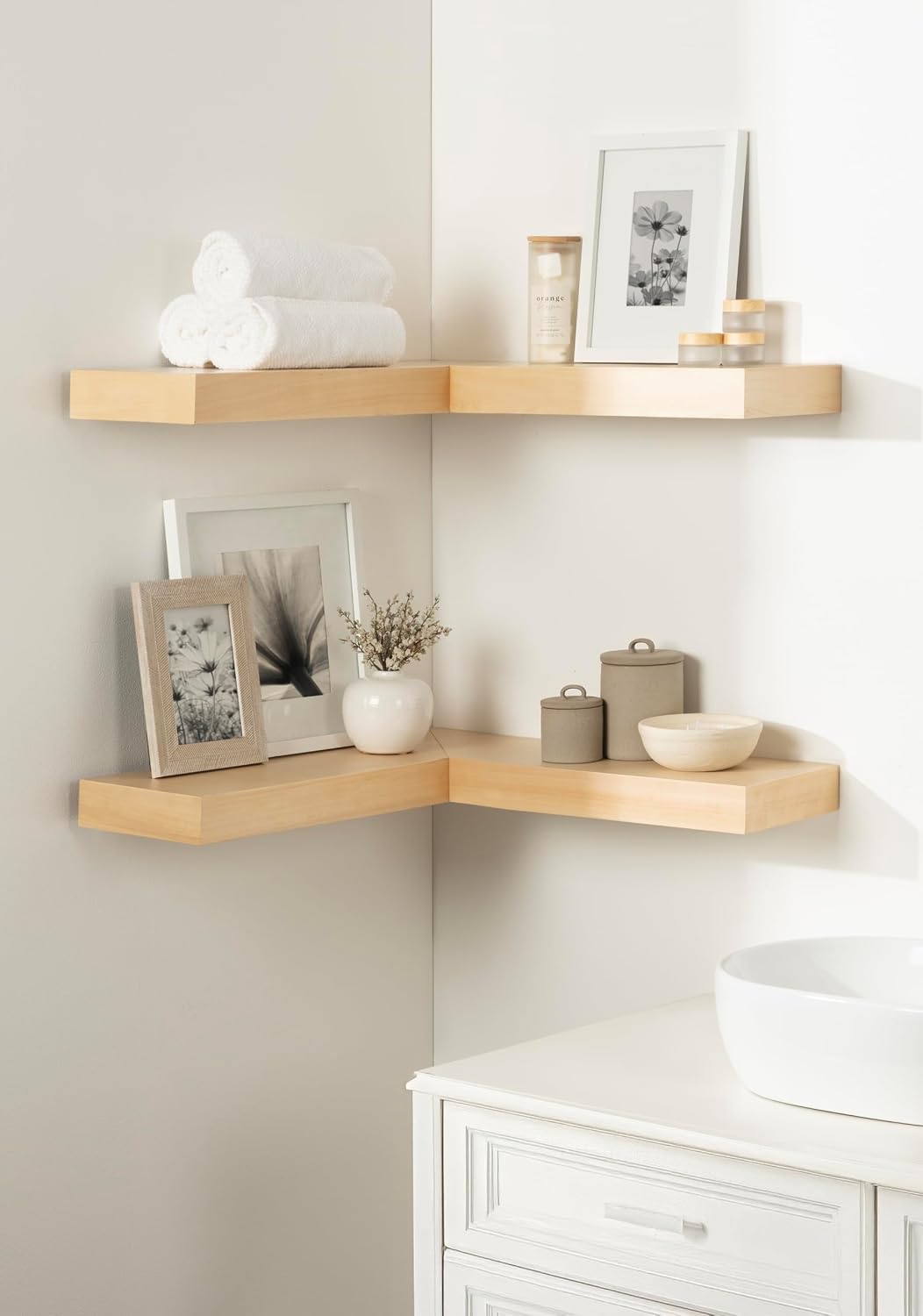 Kate and Laurel Havlock Modern Wood Two-Piece Floating Corner Shelf Set, 26 x 8 x 3, Natural Wood, Wooden Corner Shelving with Unique Geometric Shape for Living Room Decor or Entryway Storage