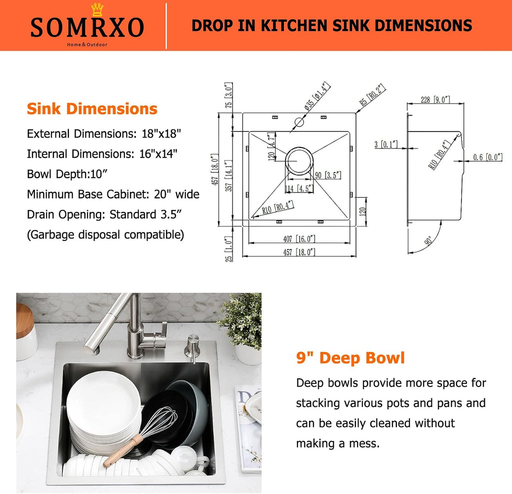 18×18 Inch Drop In Bar Sink with Faucet Combo - Stainless Steel Top Mount Single Bowl Kitchen Sink, 9 Inch Deep Small Kitchen Sink for Bar Prep, Drop In RV Sinks