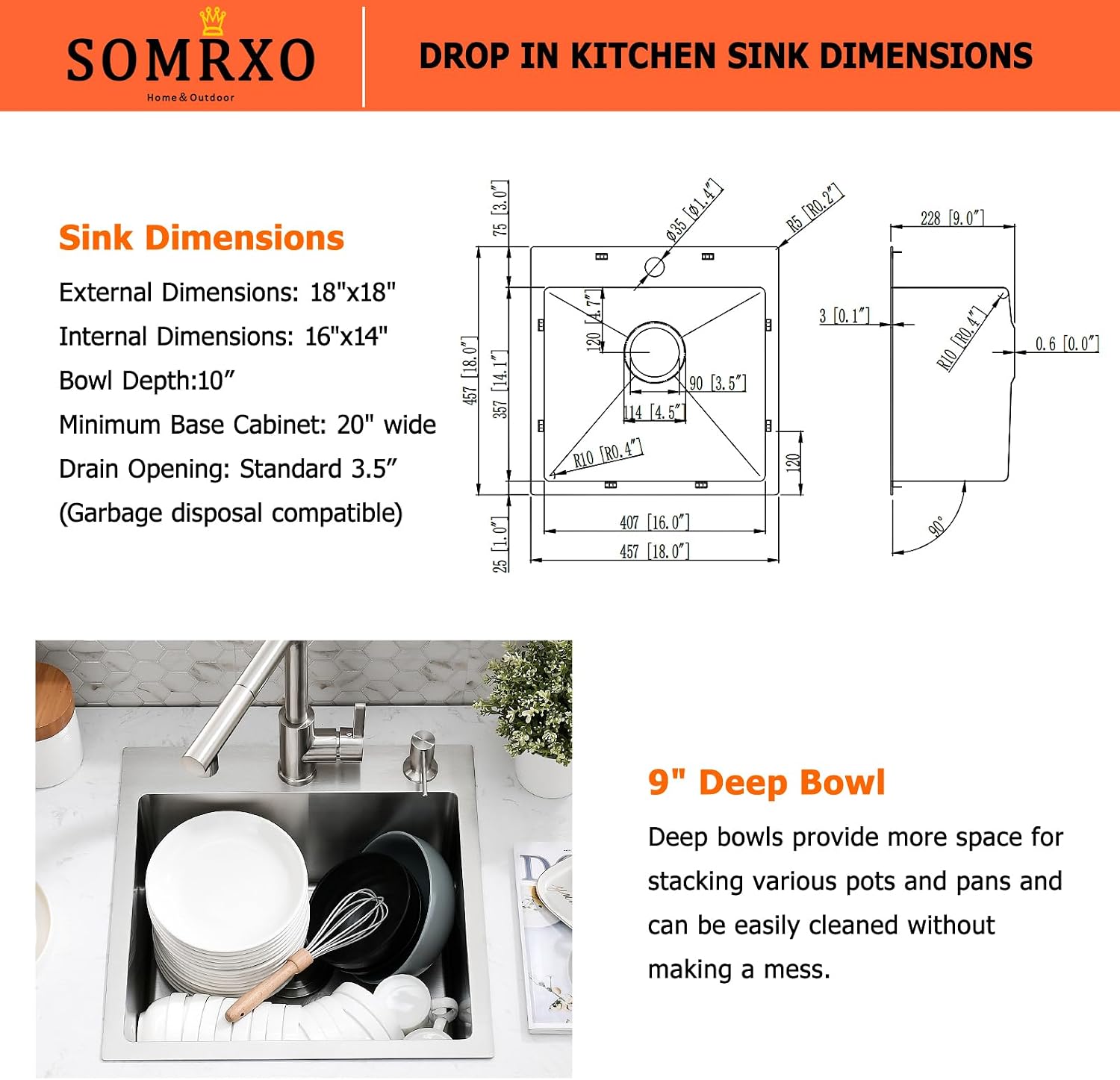 18×18 Inch Drop In Bar Sink with Faucet Combo - Stainless Steel Top Mount Single Bowl Kitchen Sink, 9 Inch Deep Small Kitchen Sink for Bar Prep, Drop In RV Sinks