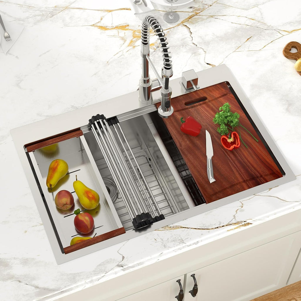 Drop In Kitchen Sink 33 Inch Workstation Double Bowl 60/40 Kitchen Sink With Lower Divider Large 304 Stainless Steel 16 Gauge Above Counter Topmount 33x22x10 Kitchen Sinks