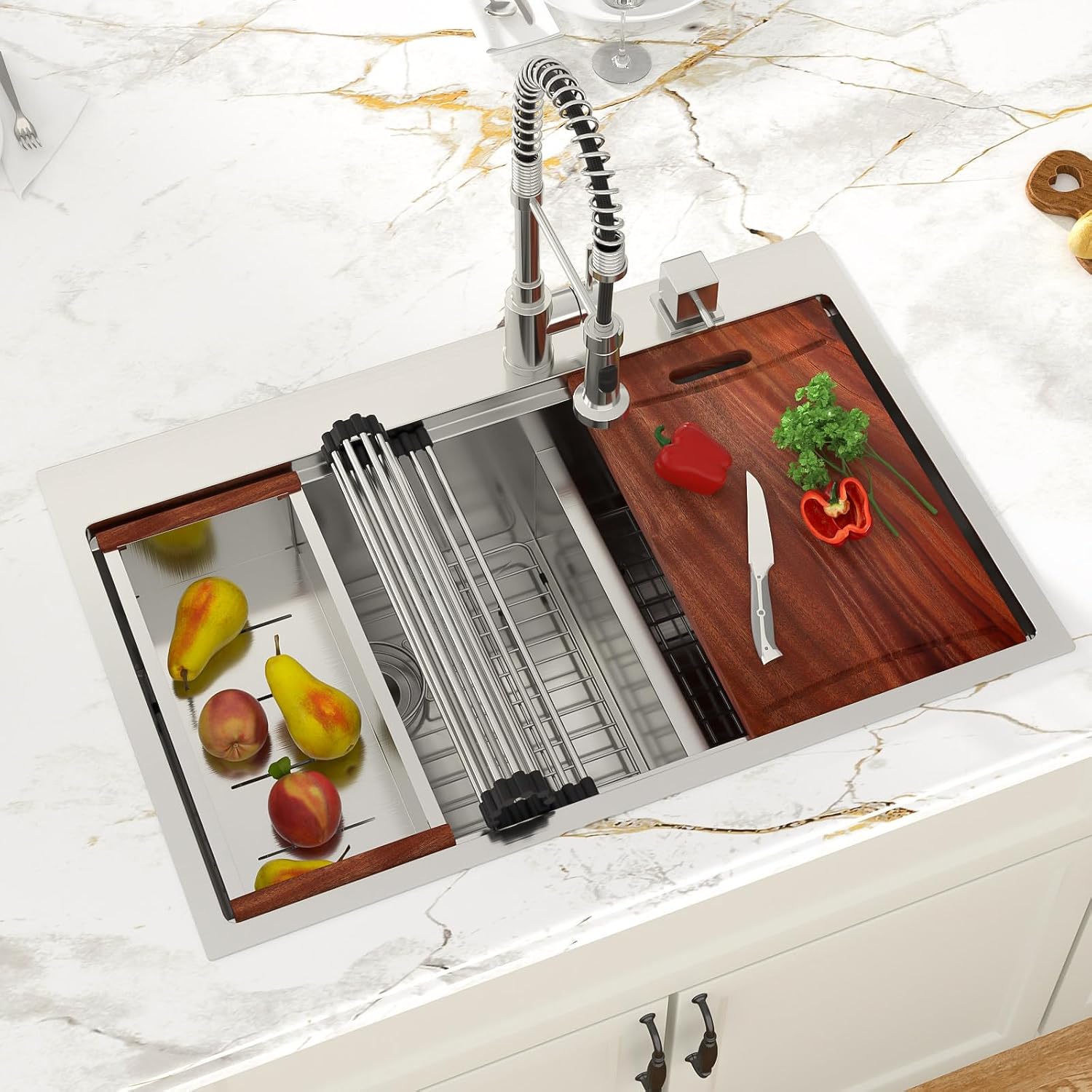 Drop In Kitchen Sink 33 Inch Workstation Double Bowl 60/40 Kitchen Sink With Lower Divider Large 304 Stainless Steel 16 Gauge Above Counter Topmount 33x22x10 Kitchen Sinks