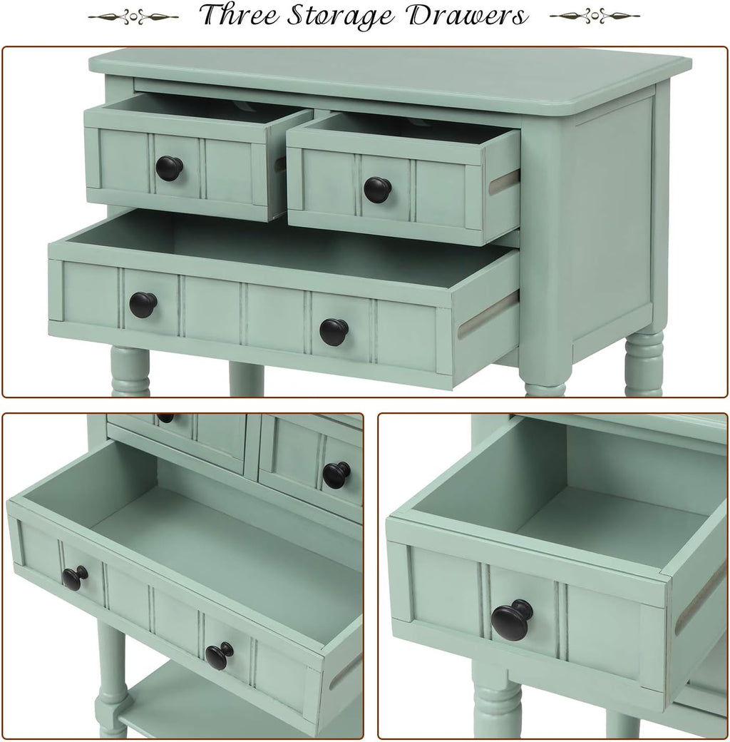 Knocbel Slim Antique Entry Console Table with Drawers & Bottom Open Shelf, Solid Wood Sofa Couch Table for Entryway Hallway Living Room (Mint Green)