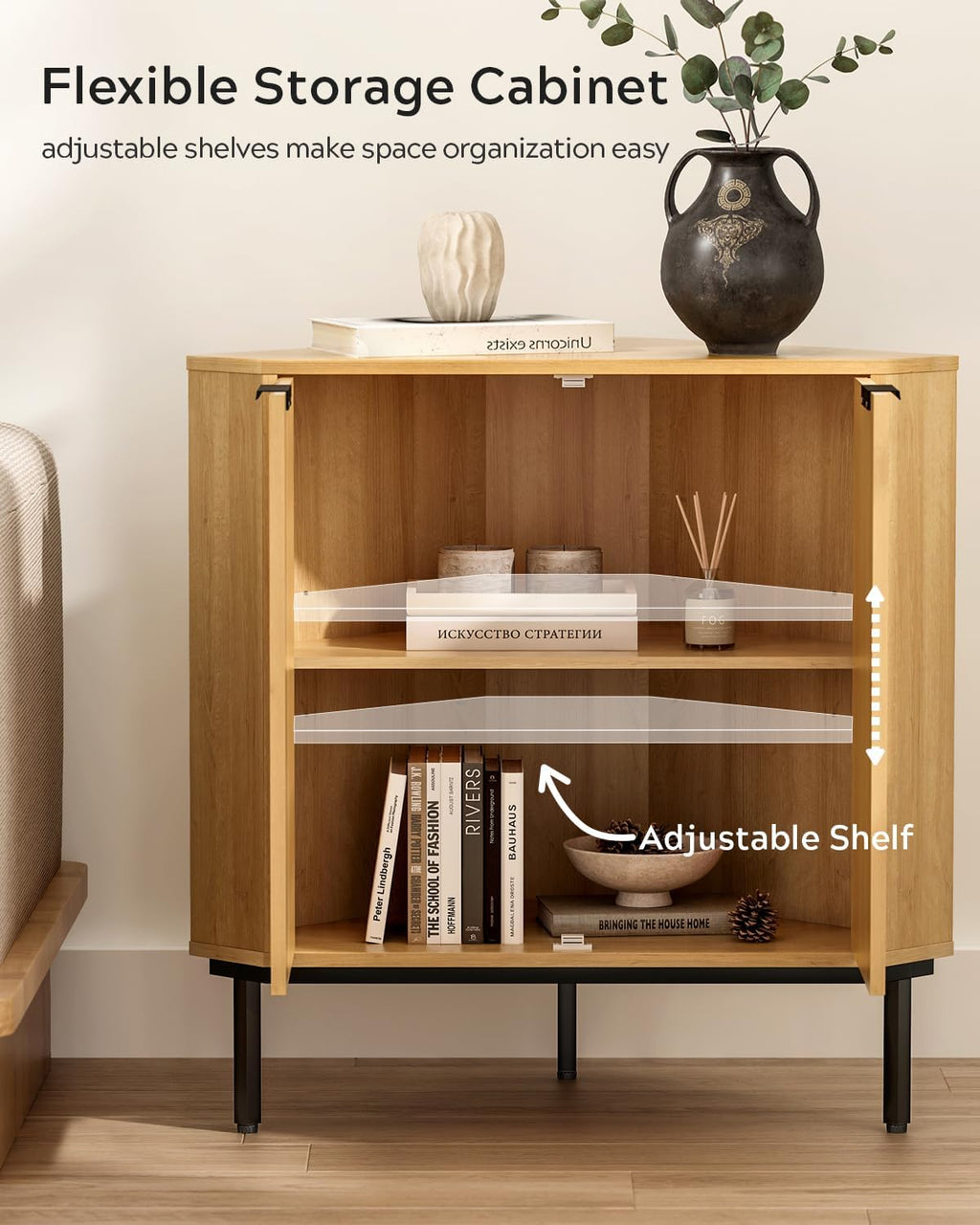 EYYTHUNG Fluted Corner Cabinet, Modern Small Corner Floor Cabinet with 2 Doors and 2-Tier Shelves, Freestanding Narrow Organizer for Living Room Kitchen Bathroom, Natural Oak