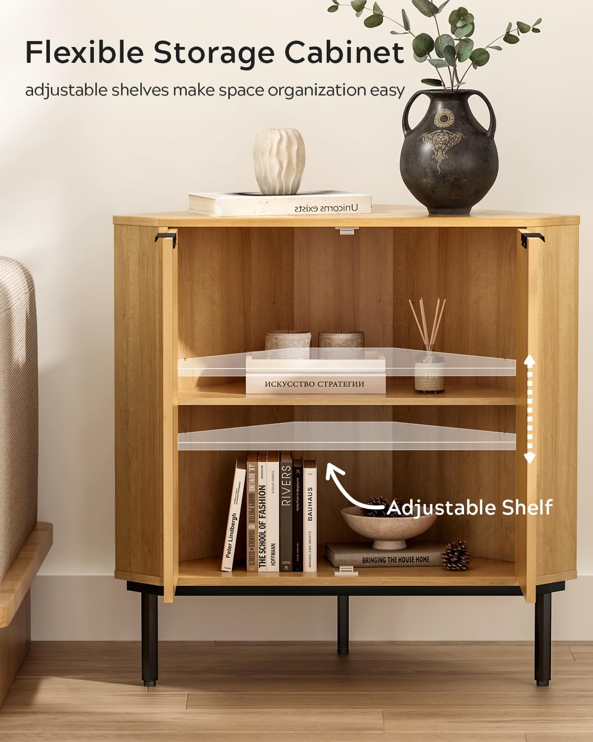 EYYTHUNG Fluted Corner Cabinet, Modern Small Corner Floor Cabinet with 2 Doors and 2-Tier Shelves, Freestanding Narrow Organizer for Living Room Kitchen Bathroom, Natural Oak