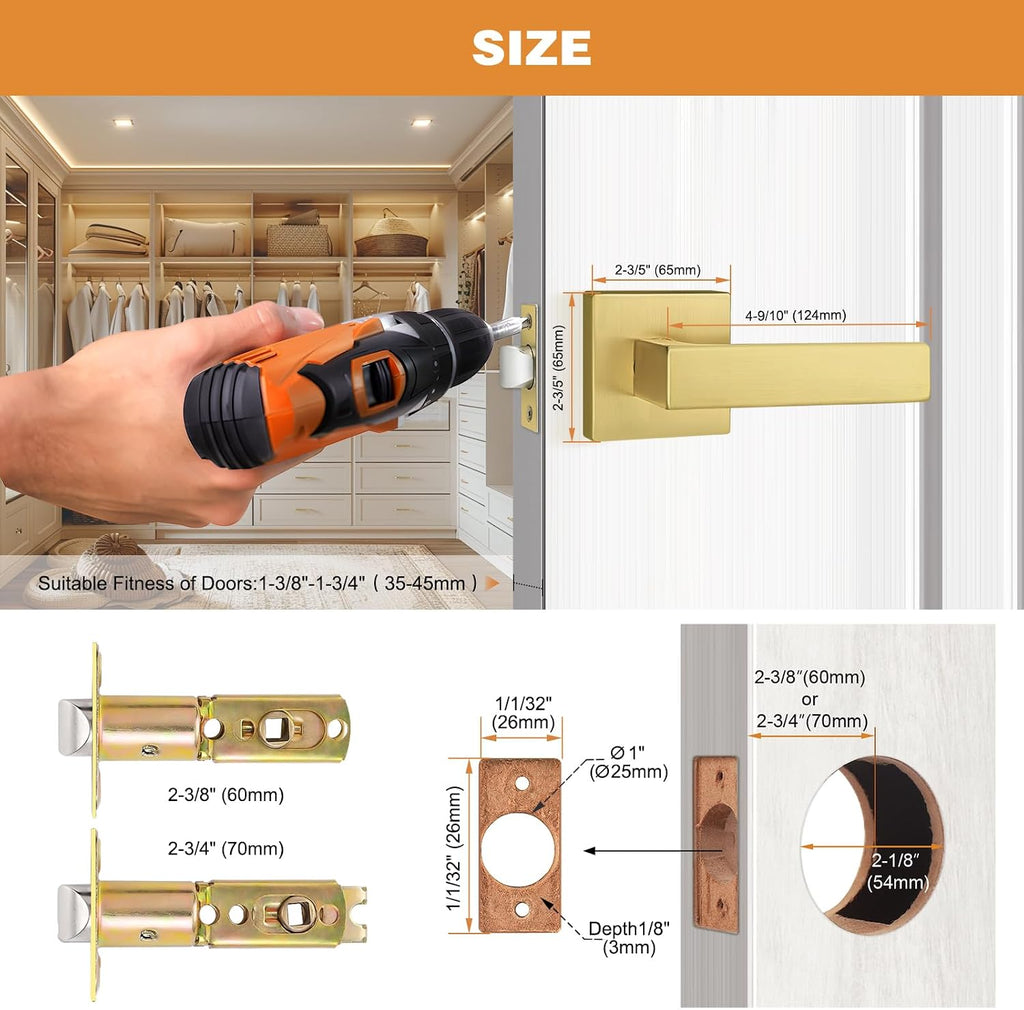 Probrico Interior Non-Locking Passage Door Handles 8 Pack, Gold Square Door Levers for Closet Hallway