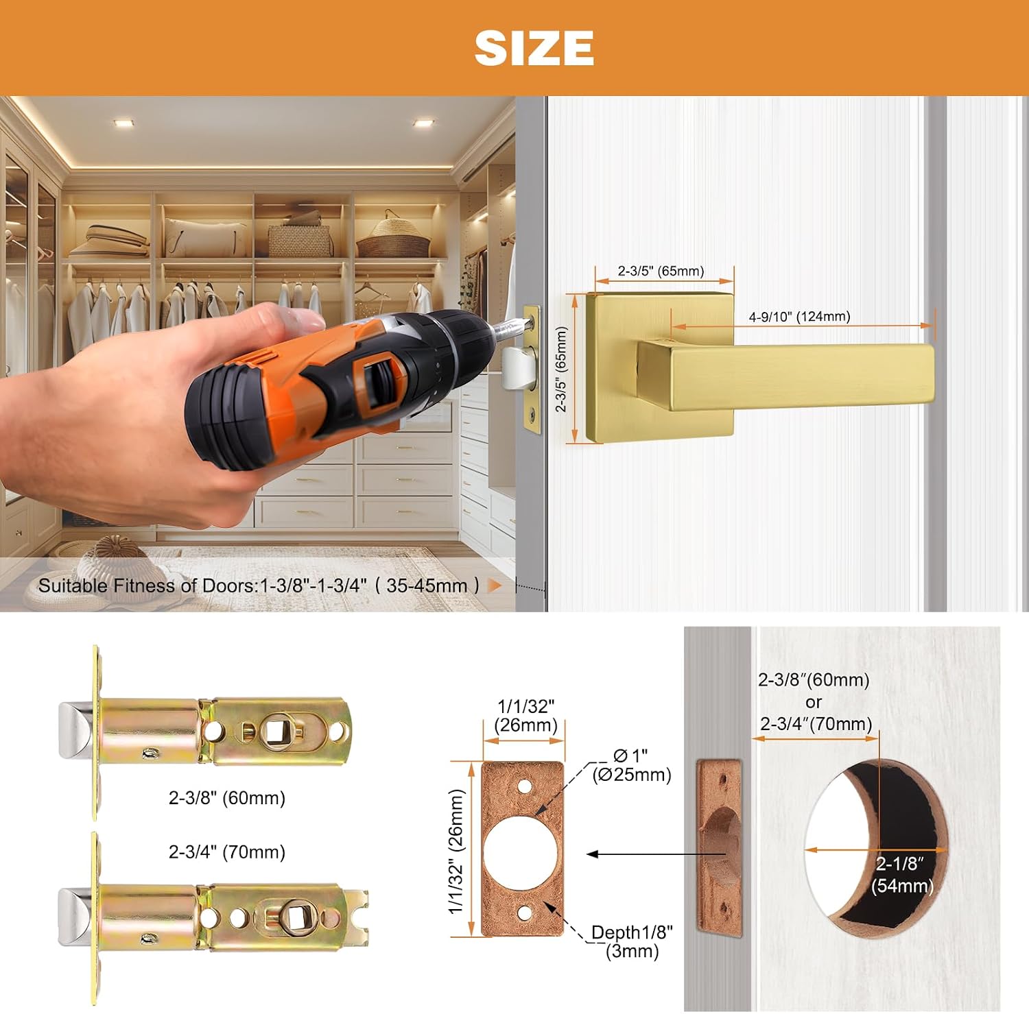 Probrico Interior Non-Locking Passage Door Handles 8 Pack, Gold Square Door Levers for Closet Hallway
