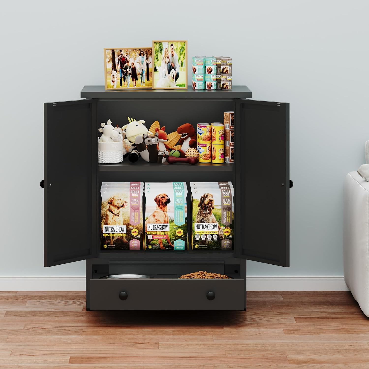 Dog Feeding Station with Storage, Metal Dog Food Storage Cabinet with 2 Elevated Bowls and 3 Hooks, Pet Feeding Station and Food Storage Organizer, Black