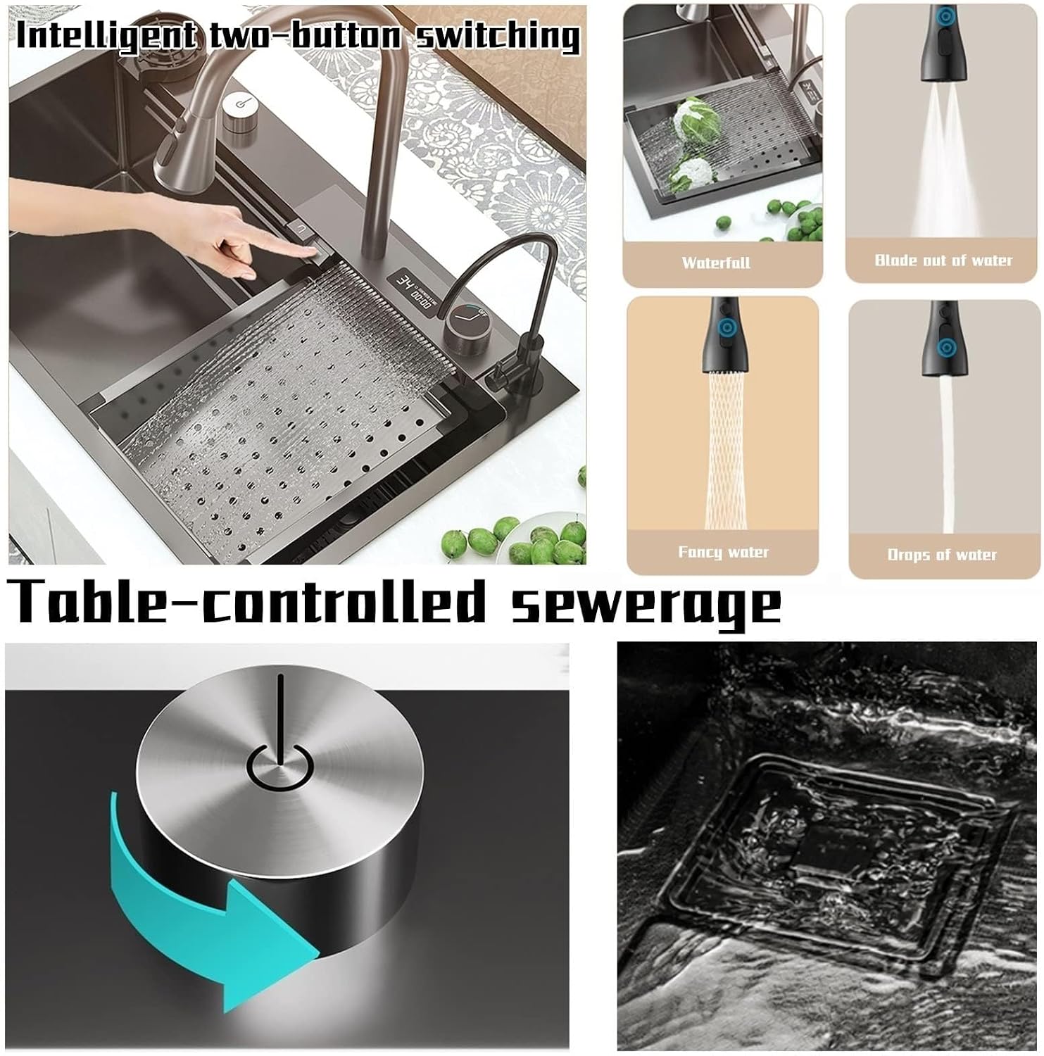 JATIBOSH Waterfall Kitchen Sink Black Single Bowl Smart Sinks Stainless Steel Farmhouse Workstation Drop-in/Undermount Sink Bar Sink (Size : 68x45CM)
