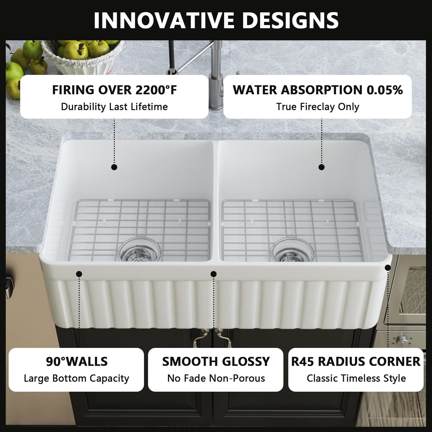 DeerValley Double Bowl Farmhouse Kitchen Sink 33 Inch, Fireclay Farm Sinks, Reversible Apron Front Deep Drop In Kitchen Sinks with Bottom Grid and Strainer
