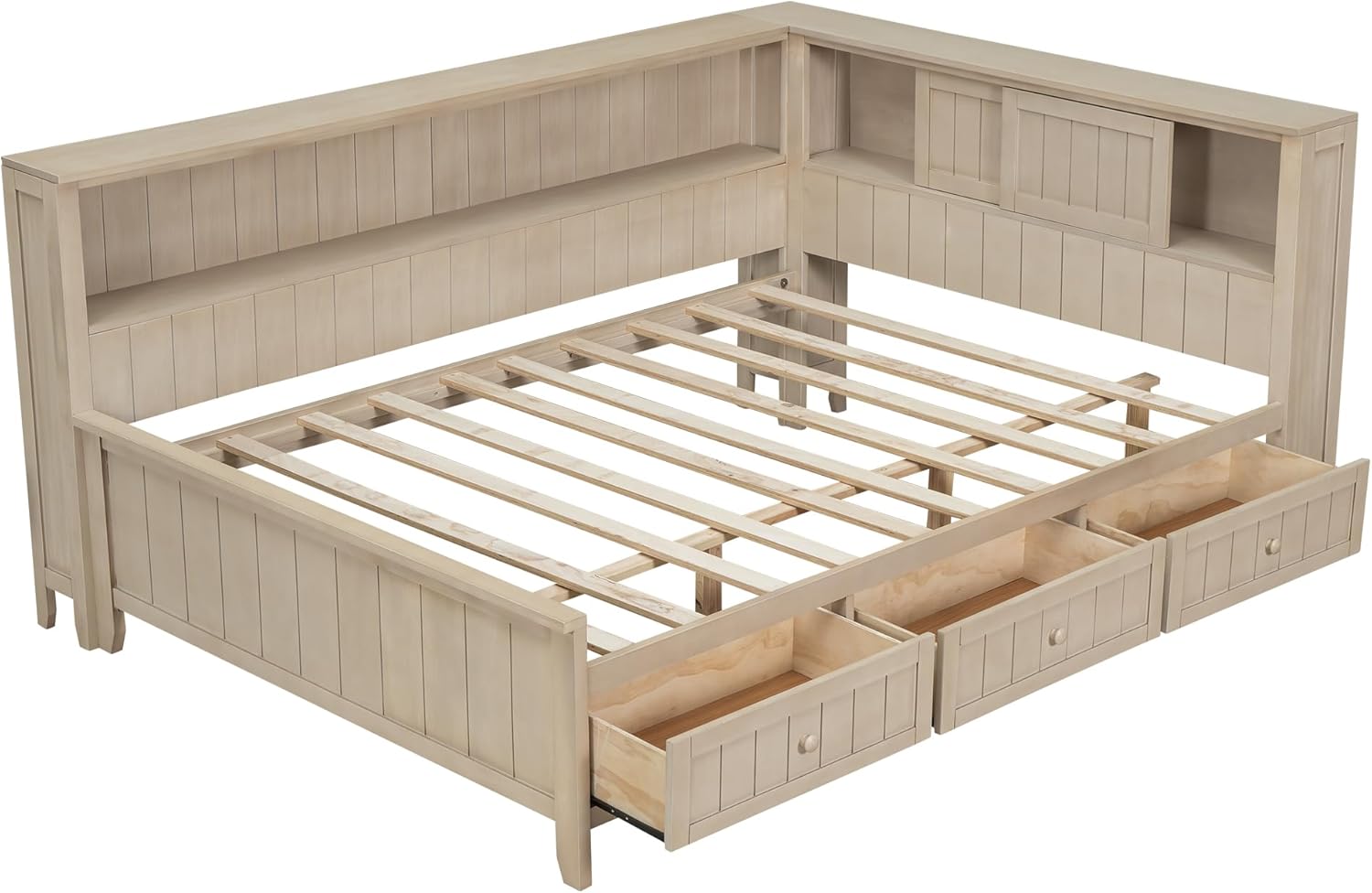 Merax Full Daybed with Headboard and Drawers, Full Size Corner Bed Frame with Storage Shelves for Bedroom, Wood Full Size Bed Frame with Storage for Kids Teens, Apricot White