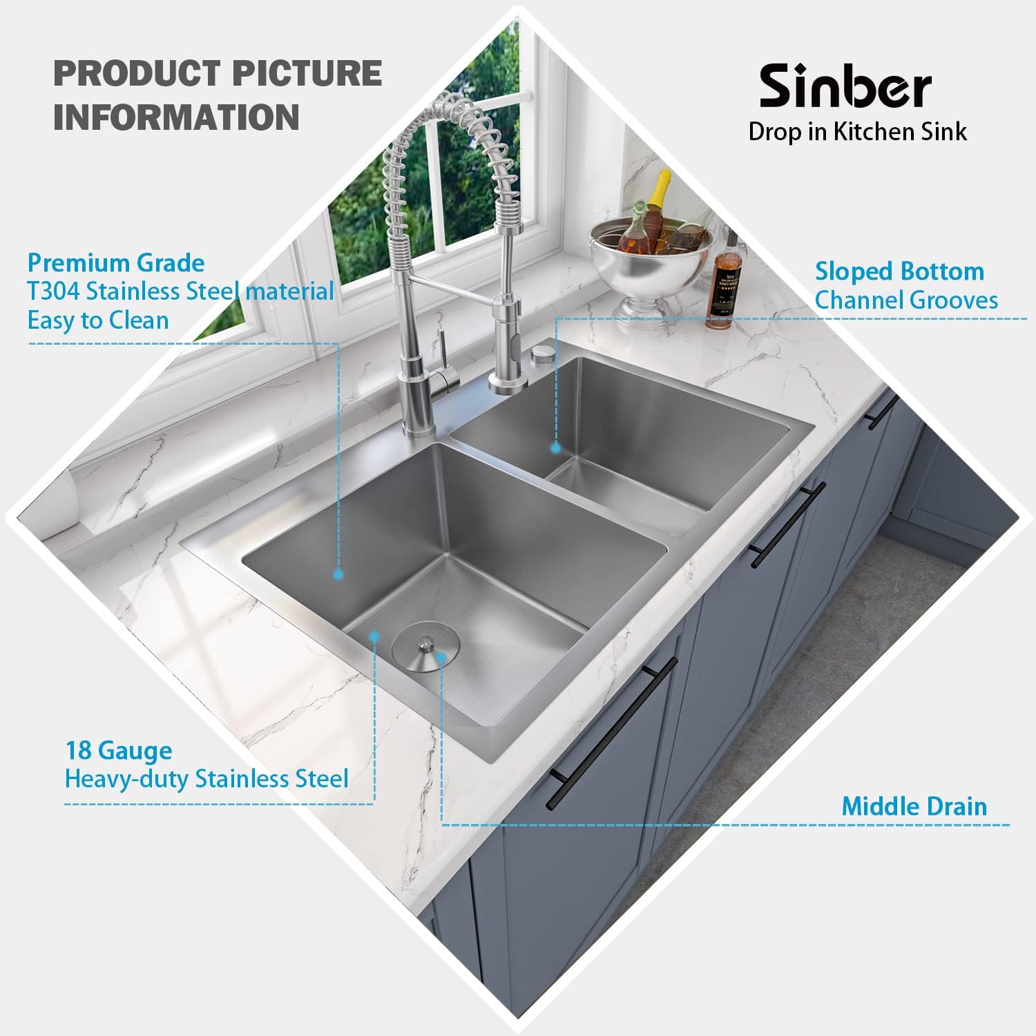 Sinber HT3322D-9-S 33' x 22' x 9' Drop In Double Bowl Kitchen Sink with 18 Gauge 304 Stainless Steel Satin Finish (Sink Only)