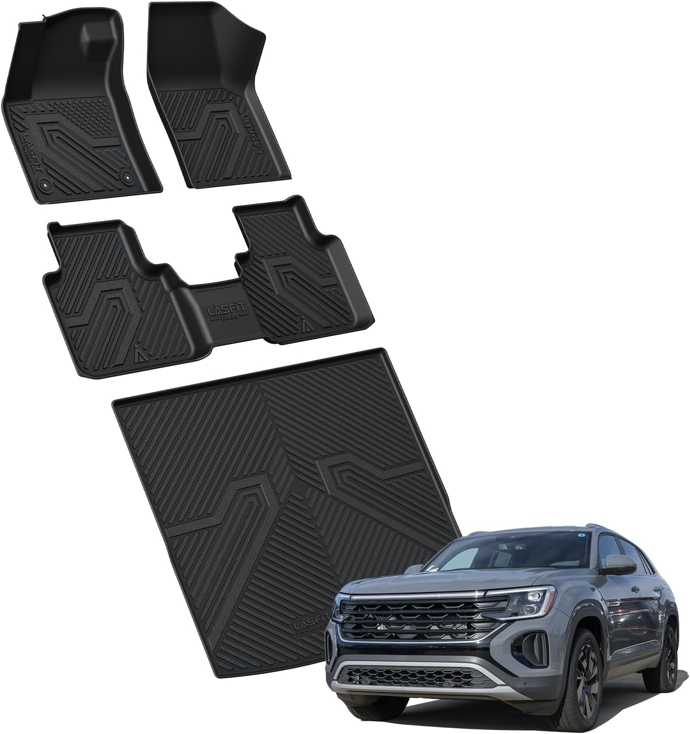 LASFIT Floor Mats & Cargo Liner for SUV VW Atlas Cross Sport 2020-2026, All Weather TPE Custom Fit Floor Liners 1st and 2nd Rows Car Mats & Cargo Mat for Volkswagen Atlas Cross Sport, Black