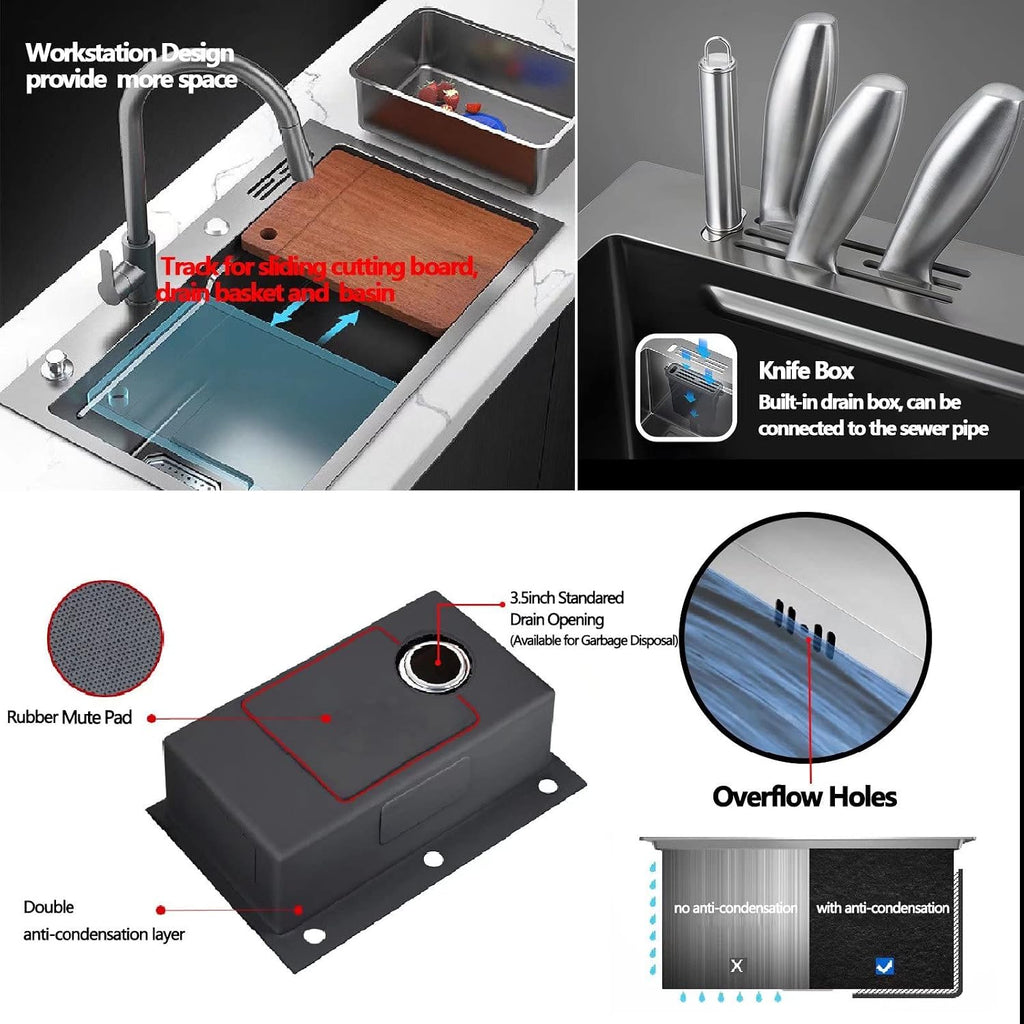 Modular Kitchen Sink Corner Drain, Workstation Sink Undermount, Stainless Steel Sink for Kitchen Offset Drain, Full Set Accessories Single Bowl Kitchen Sinks with Knife Box