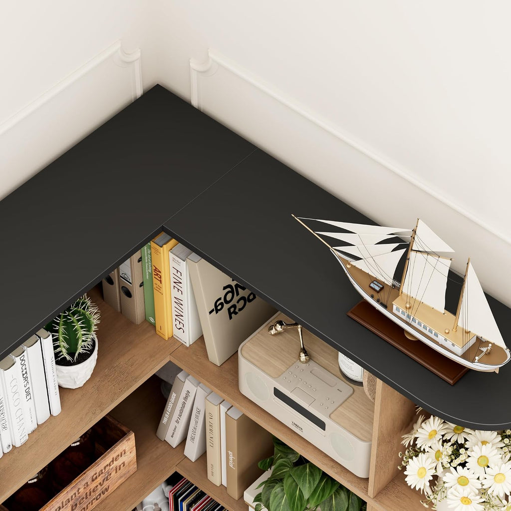 FOTOSOK 72' Tall Corner Bookshelf, 6-Tier Bookshelf and Bookcase with Open Storage, Tall Bookcases Wooden Storage Shelves for Home Office, Thickened Boards for Better Load Bearing, Black/Brown