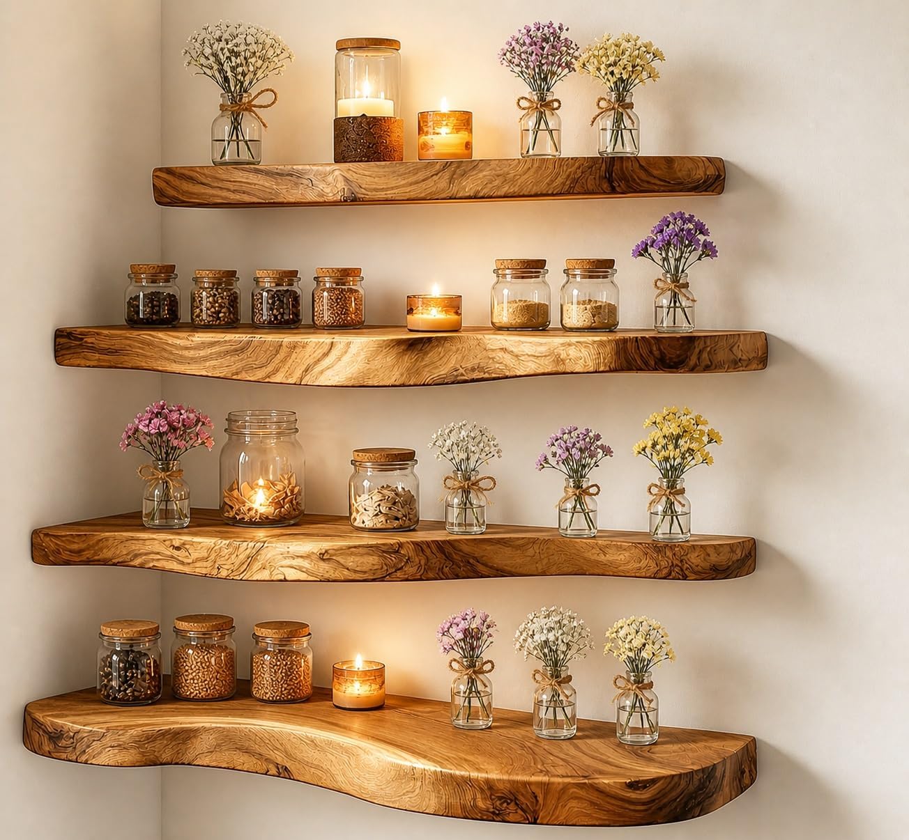 Live Edge Corner Wall Shelf, Solid Wood, Natural Grain, Floating Mount (24' W X 8' D X 1.5' (Inches))