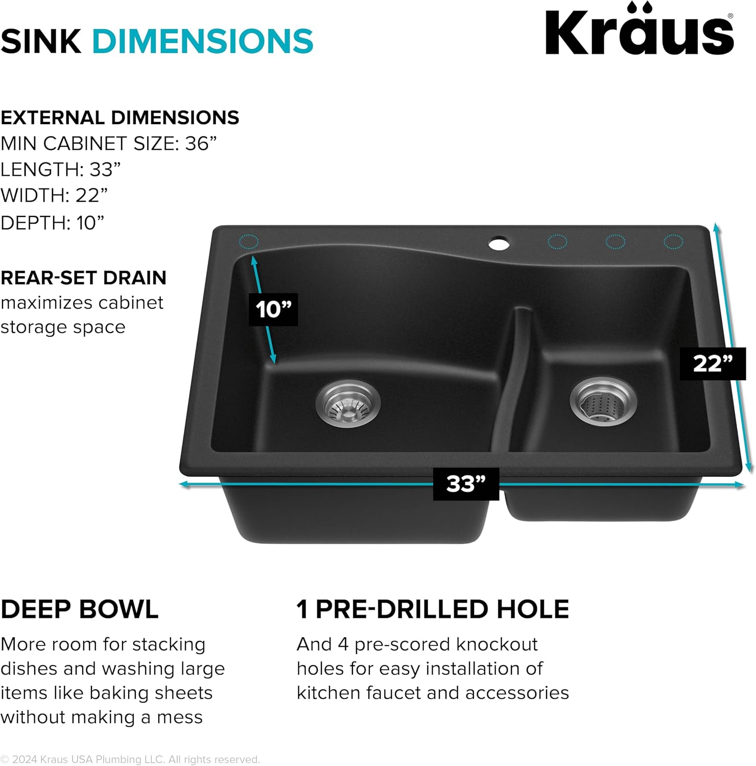 KRAUS Quarza 33-inch Drop-In/Undermount 60/40 Double Bowl Granite Kitchen Sink in Black, KGD-442BLACK