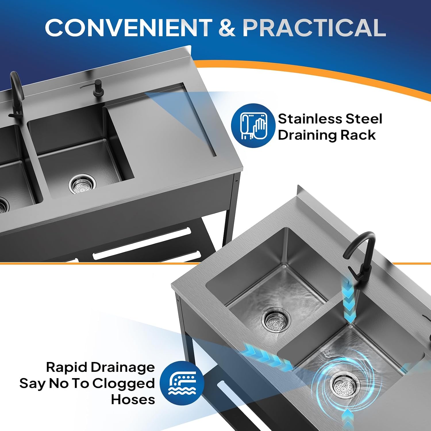 ROVSUN Black Electroplated Stainless Steel Double Bowl Utility Sink, 24'D x 47.5'W x 38.9'H, Heavy-Duty Freestanding Prep & Cleaning Sink with Faucet for Restaurant, Kitchen, Laundry, and Garage Use