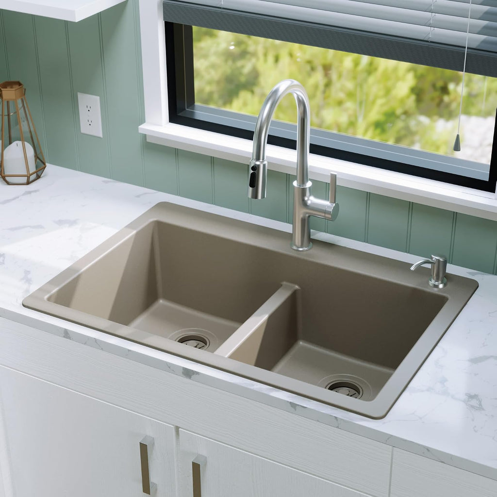Karran 33' Concrete Color Quartz Composite Double Bowl Kitchen Sink – Top Mount Drop-In 50/50 Low Divider, 80% Natural Quartz, 535°F Heat Resistant, Sound Dampening, Granite Composite, QT-810