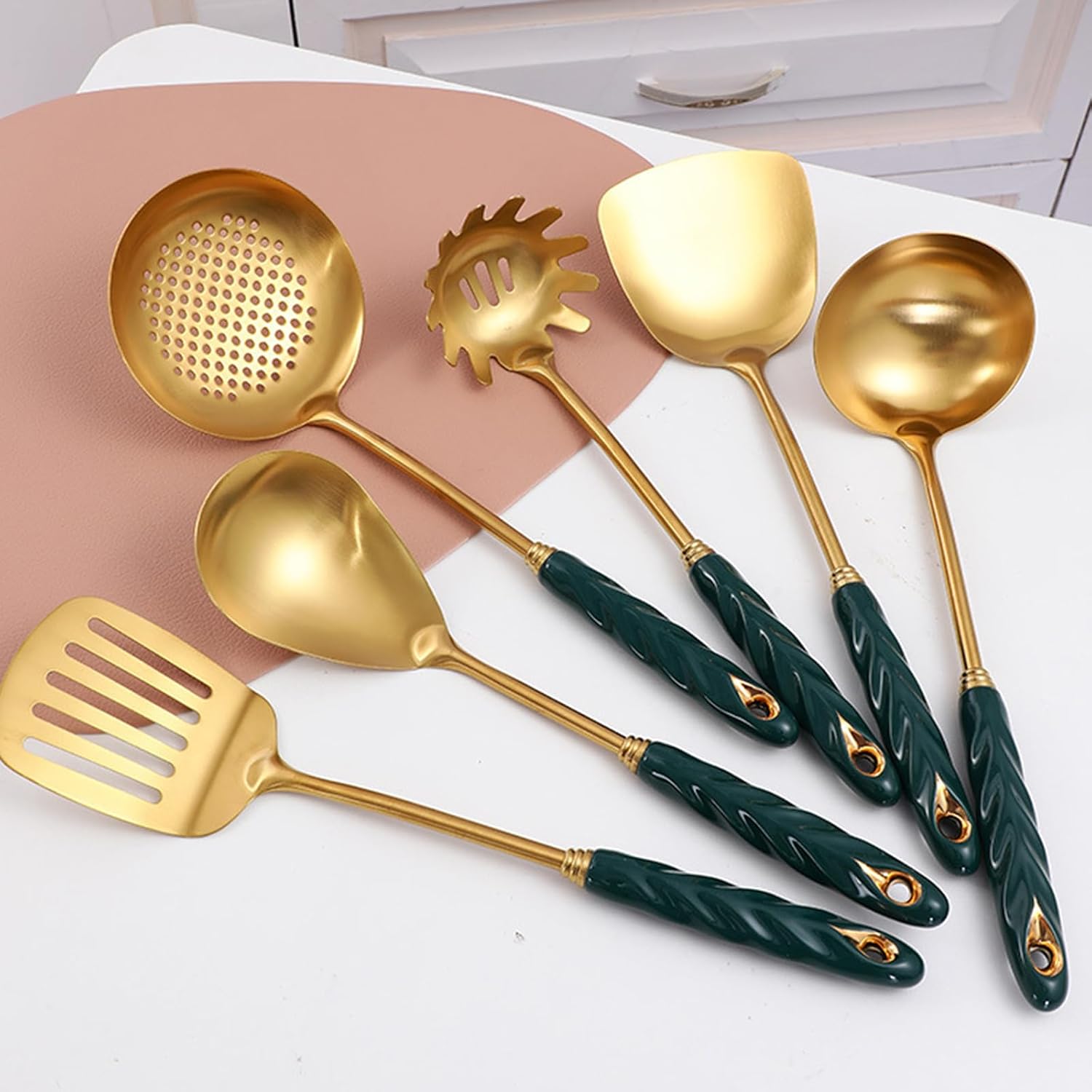 7 Pieces Ceramic Handle Stainless Steel Kitchenware Cooking Utensils Kitchen Utensils Set with Holder Include Slotted Spoon Slotted Spatula Large Spoon Soup L,Pink-Large