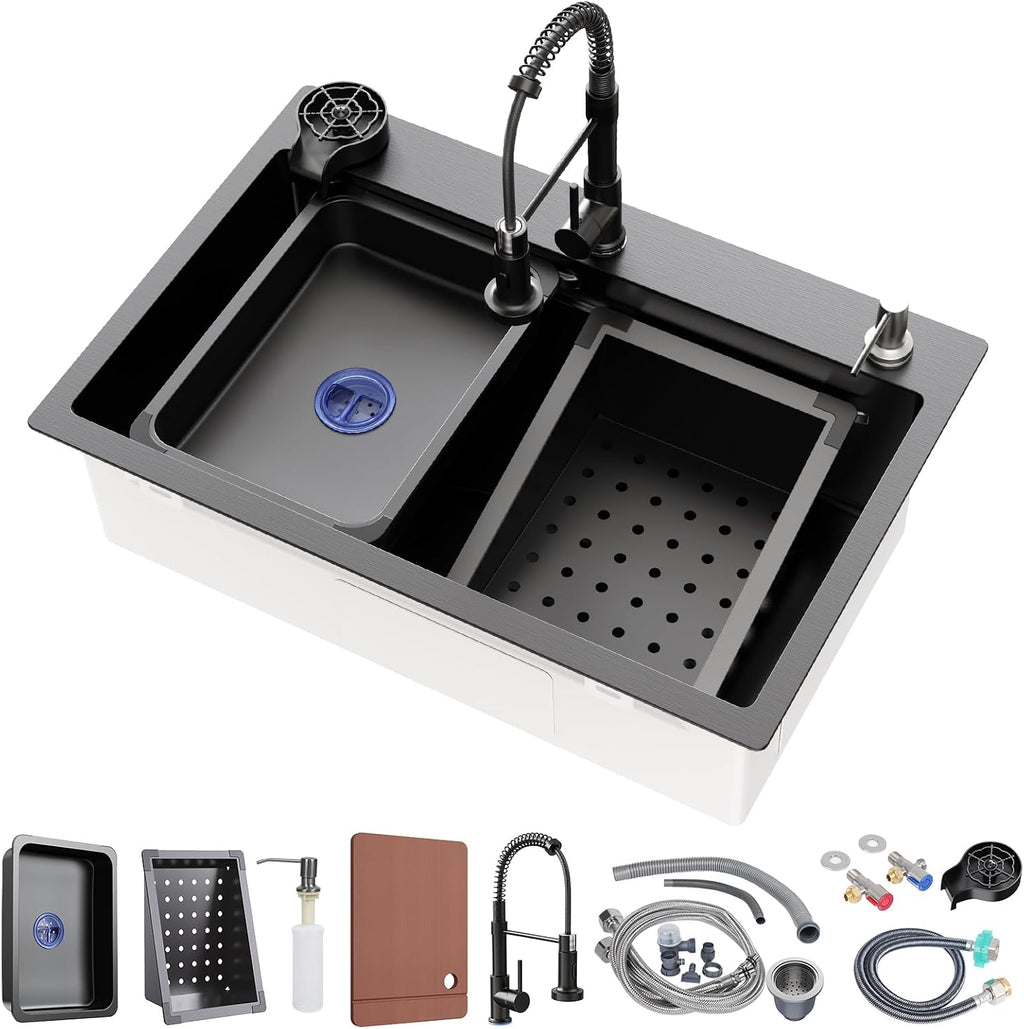 32 * 19 inch Kitchen Sink, Single Bowl Stainless Steel Sink Multifunctional Drop In Sink with Pull-Down Faucet and Multiple Accessories