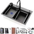 32 * 19 inch Kitchen Sink, Single Bowl Stainless Steel Sink Multifunctional Drop In Sink with Pull-Down Faucet and Multiple Accessories