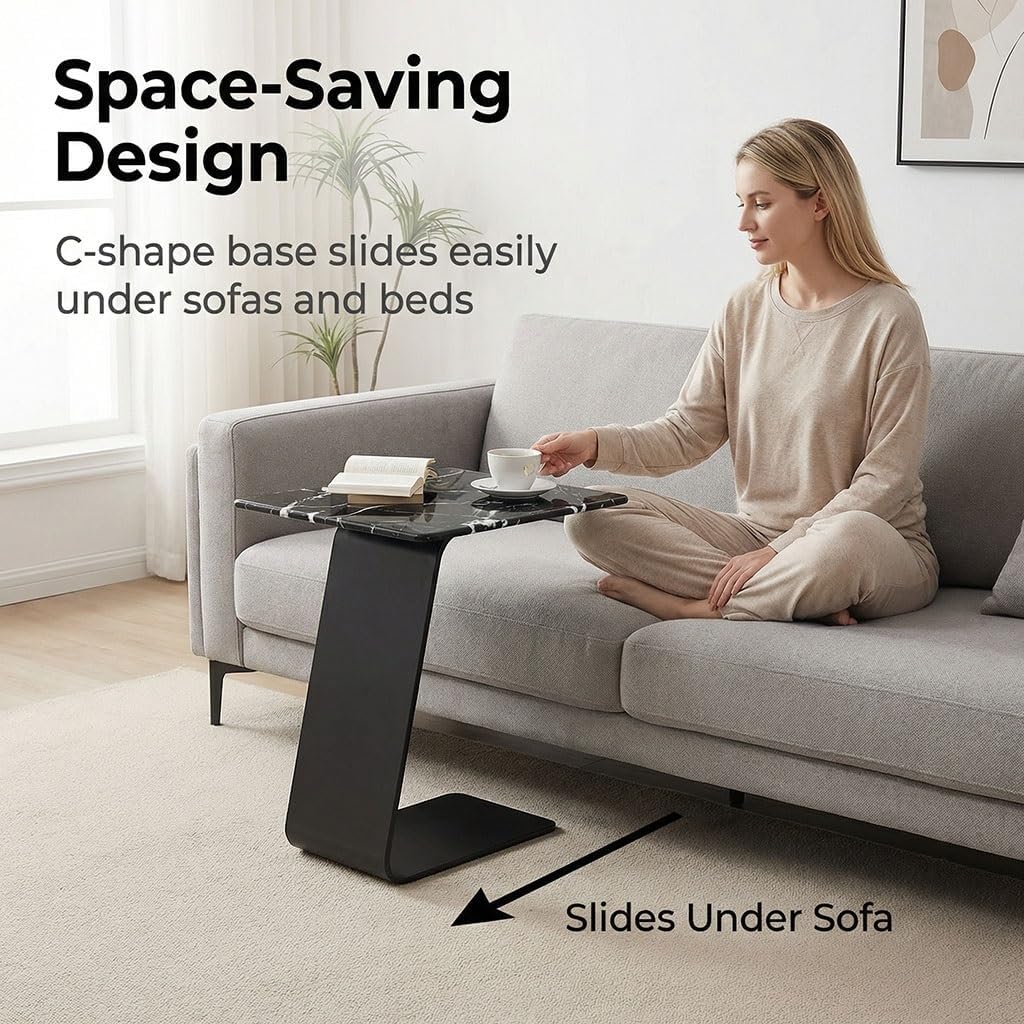 25.5-Inch High C-Shaped End Table with Marble Top & Black Metal Frame, Modern Space-Saving Sofa Side Table for Living Room, Bedroom, Small Spaces(D)